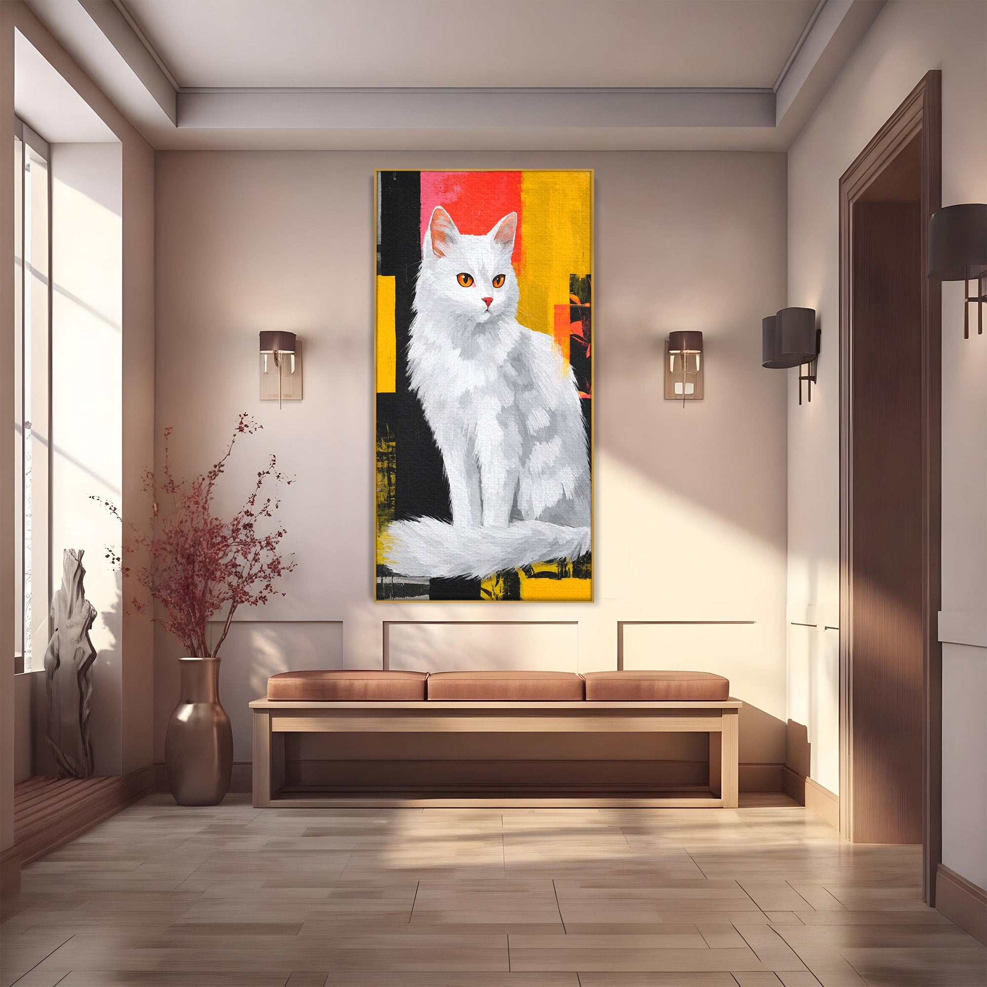 Tablou Canvas Premium LuxCanva® M1557, Grație în Alb, Pisica, Animale, Living, Arta Moderna, Culori Contrastante, Culori Vibrante