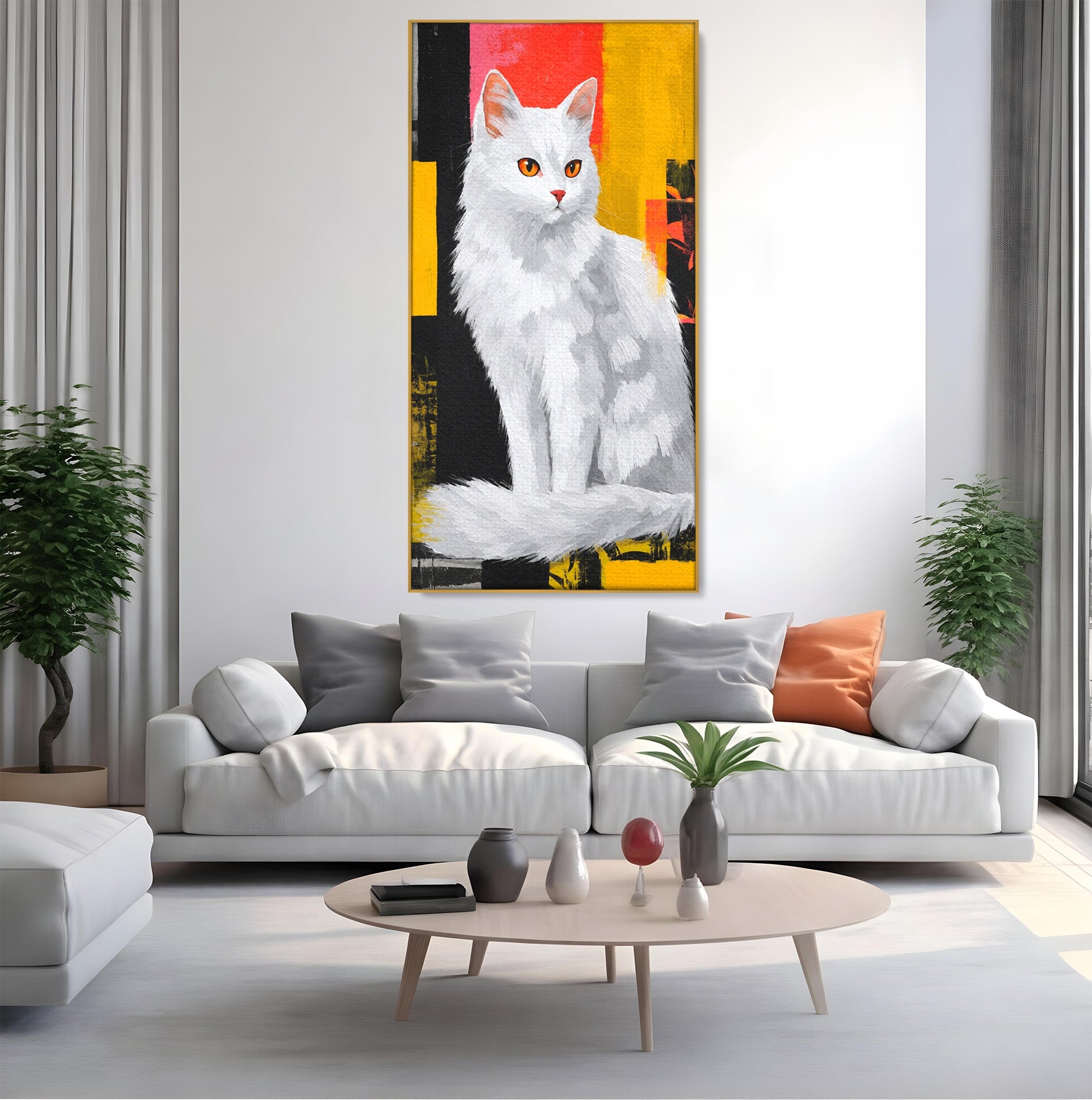 Tablou Canvas Premium LuxCanva® M1557, Grație în Alb, Pisica, Animale, Living, Arta Moderna, Culori Contrastante, Culori Vibrante