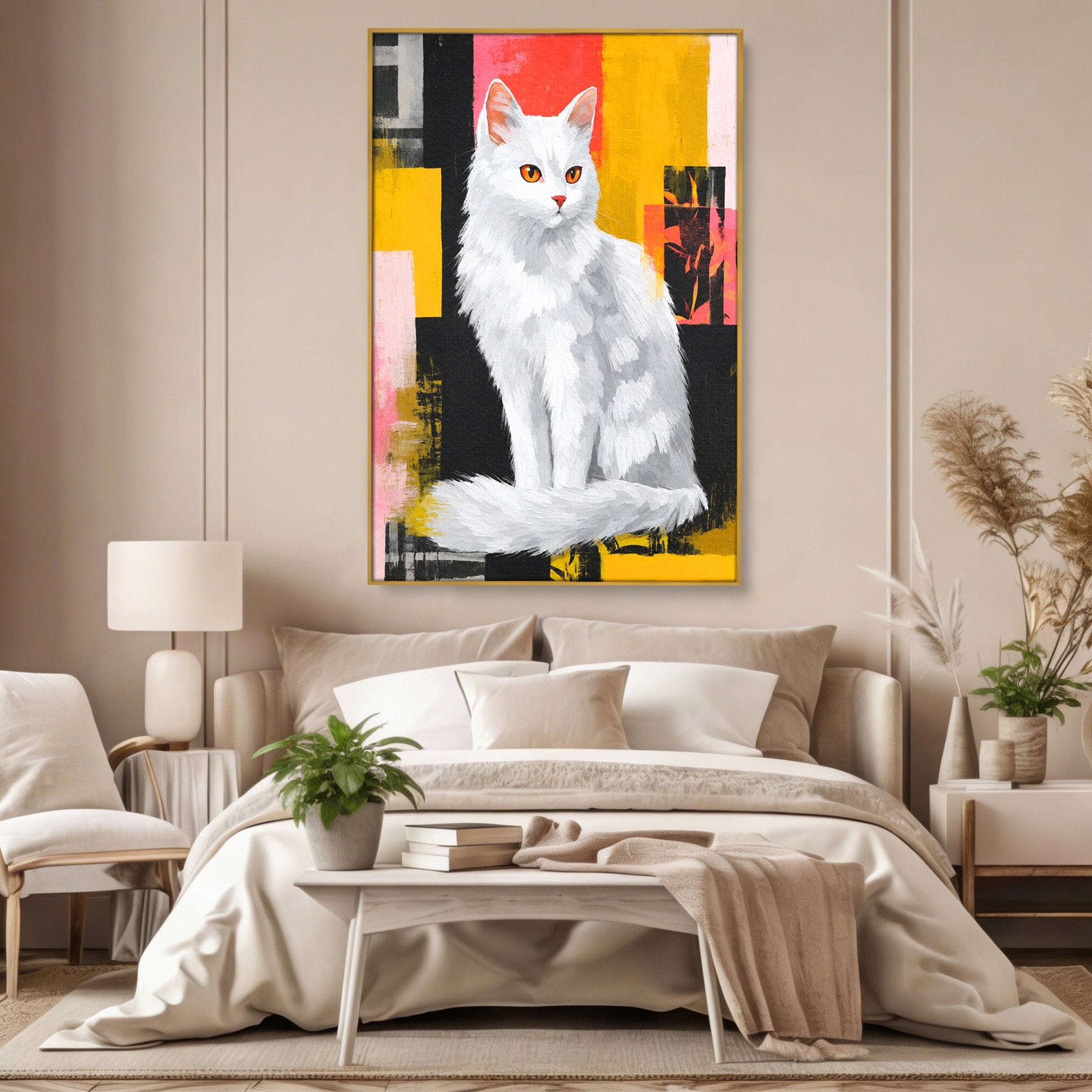 Tablou Canvas Premium LuxCanva® M1557, Grație în Alb, Pisica, Animale, Living, Arta Moderna, Culori Contrastante, Culori Vibrante