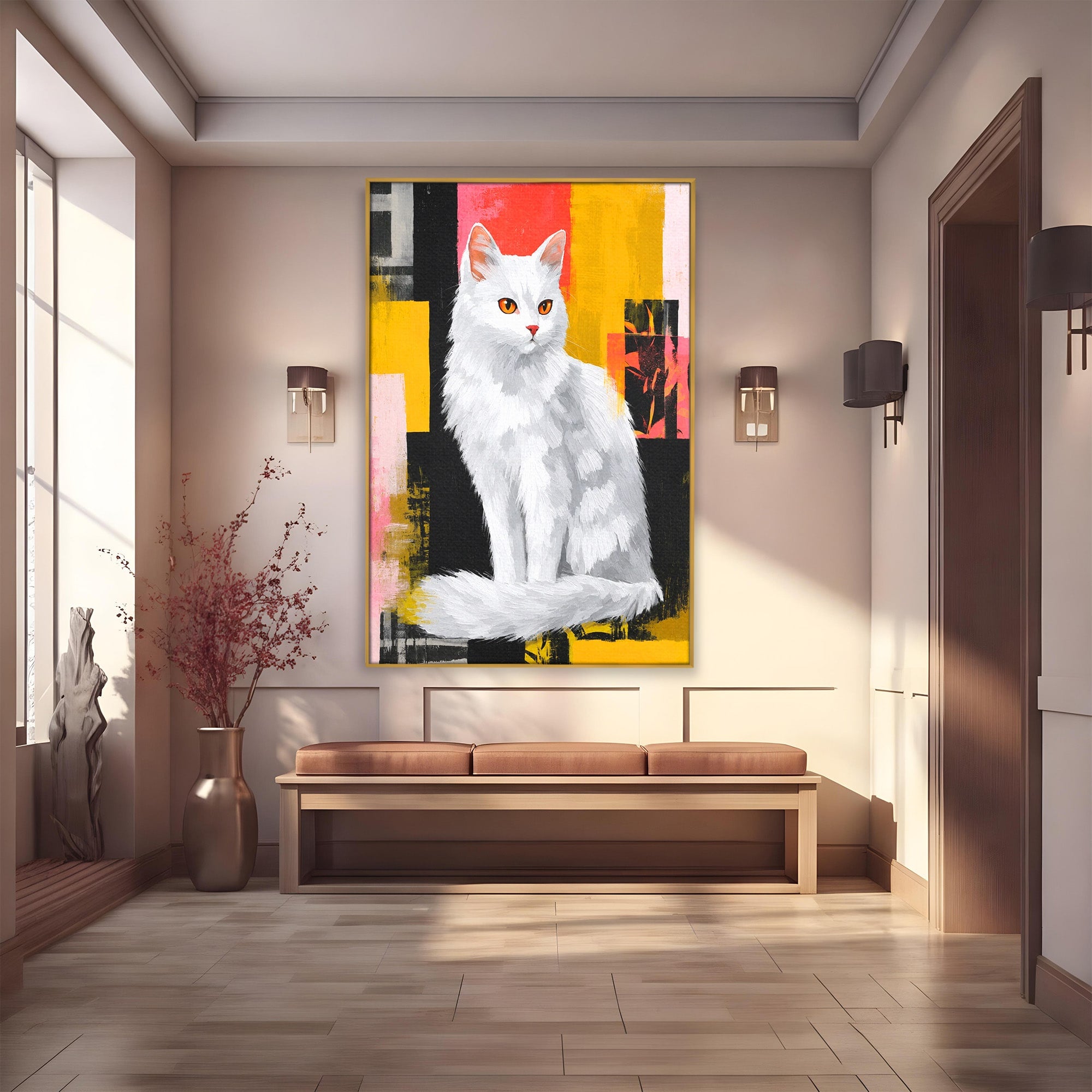 Tablou Canvas Premium LuxCanva® M1557, Grație în Alb, Pisica, Animale, Living, Arta Moderna, Culori Contrastante, Culori Vibrante