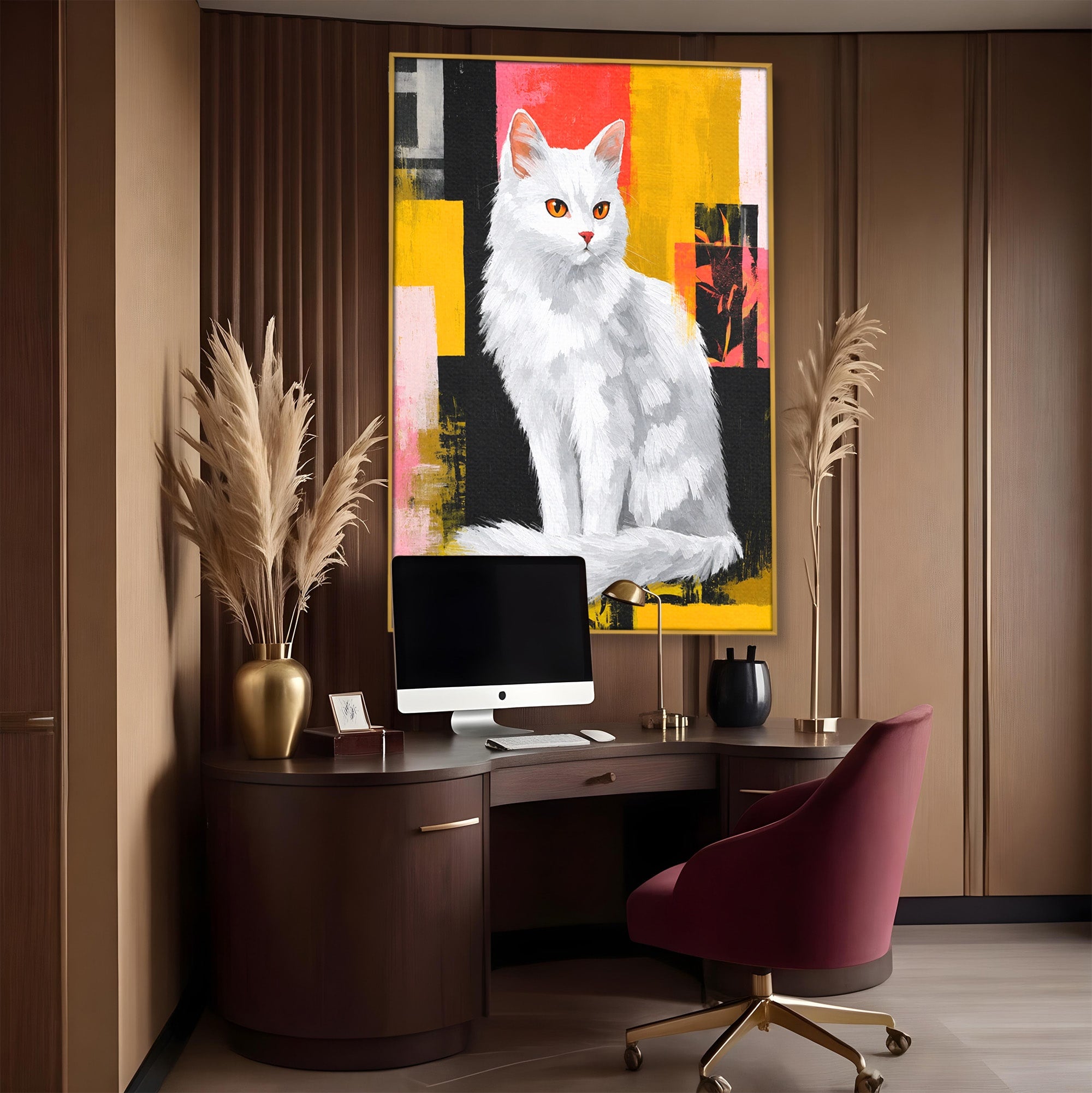 Tablou Canvas Premium LuxCanva® M1557, Grație în Alb, Pisica, Animale, Living, Arta Moderna, Culori Contrastante, Culori Vibrante