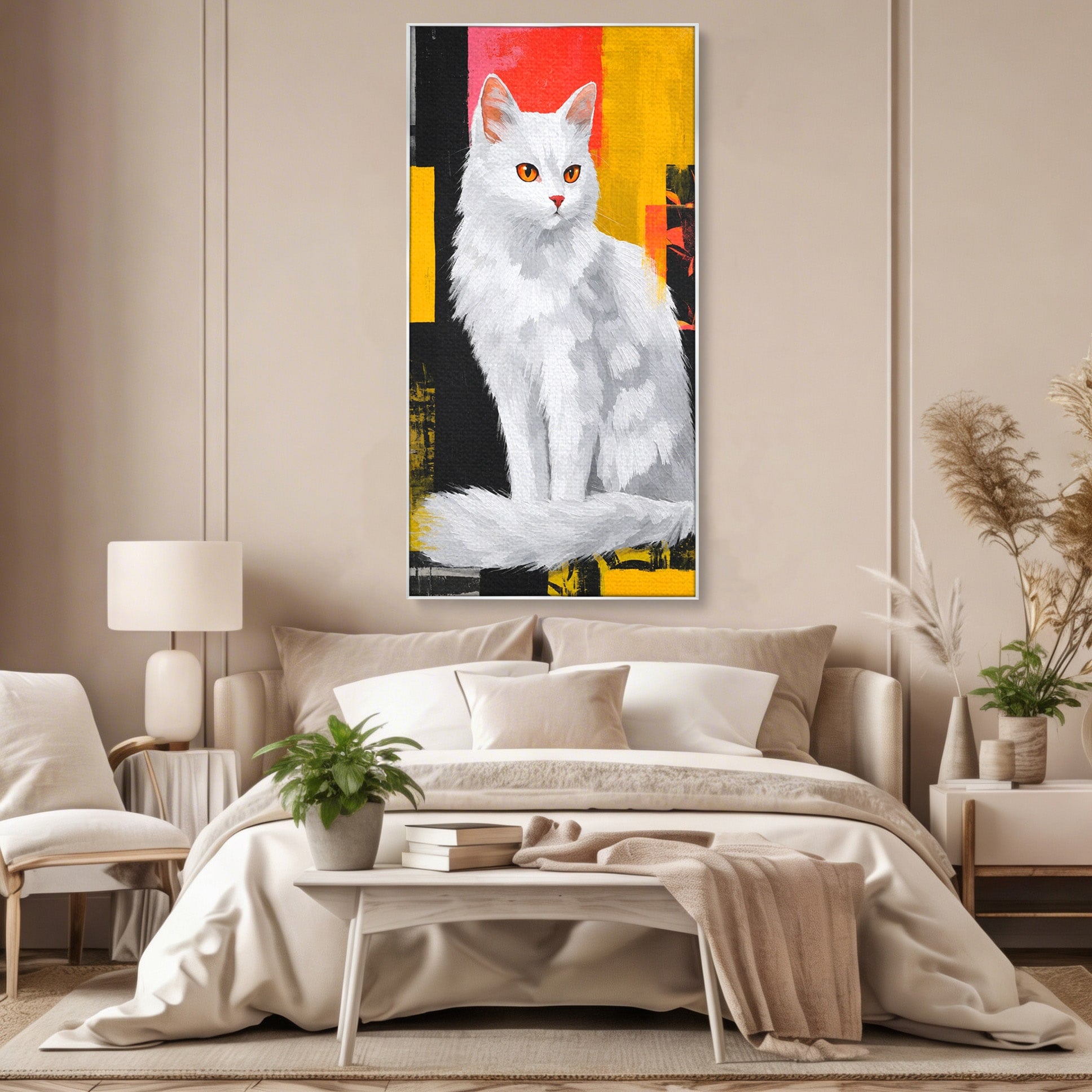 Tablou Canvas Premium LuxCanva® M1557, Grație în Alb, Pisica, Animale, Living, Arta Moderna, Culori Contrastante, Culori Vibrante