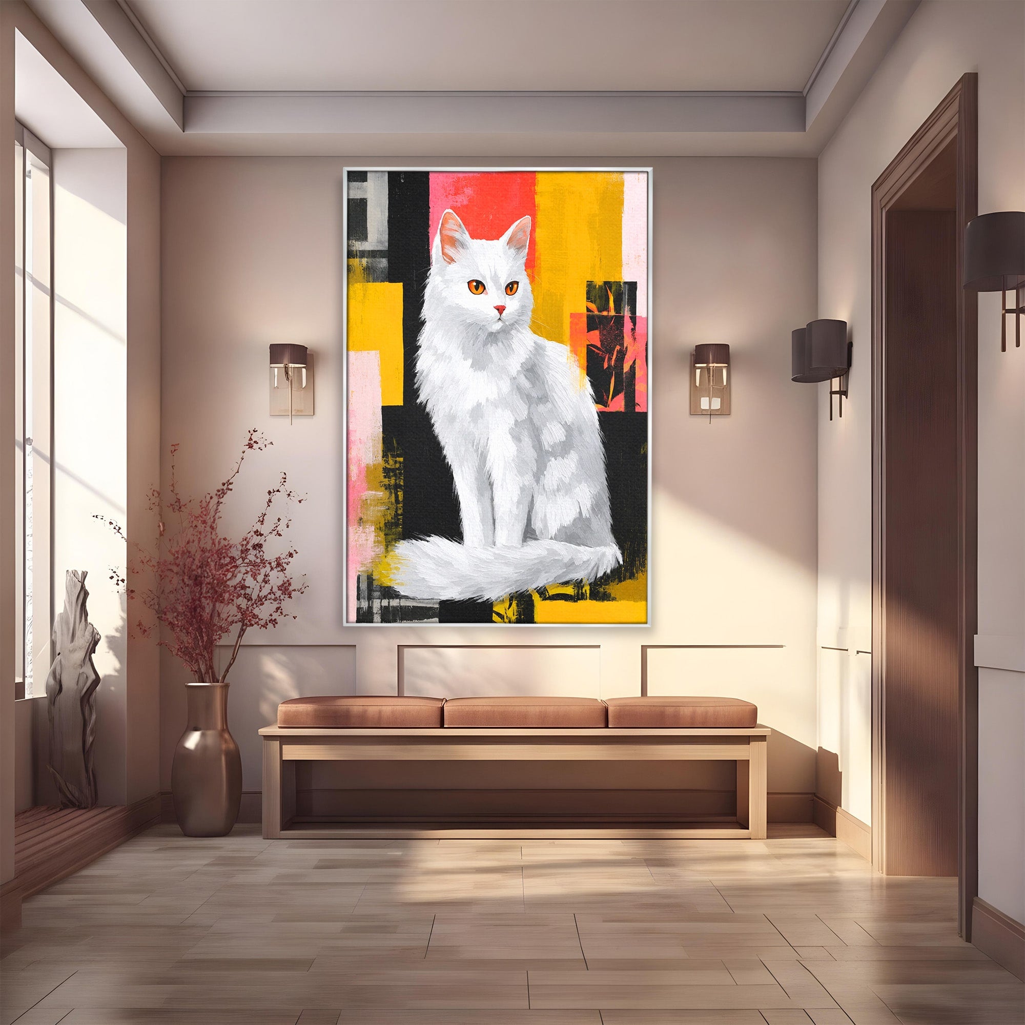 Tablou Canvas Premium LuxCanva® M1557, Grație în Alb, Pisica, Animale, Living, Arta Moderna, Culori Contrastante, Culori Vibrante