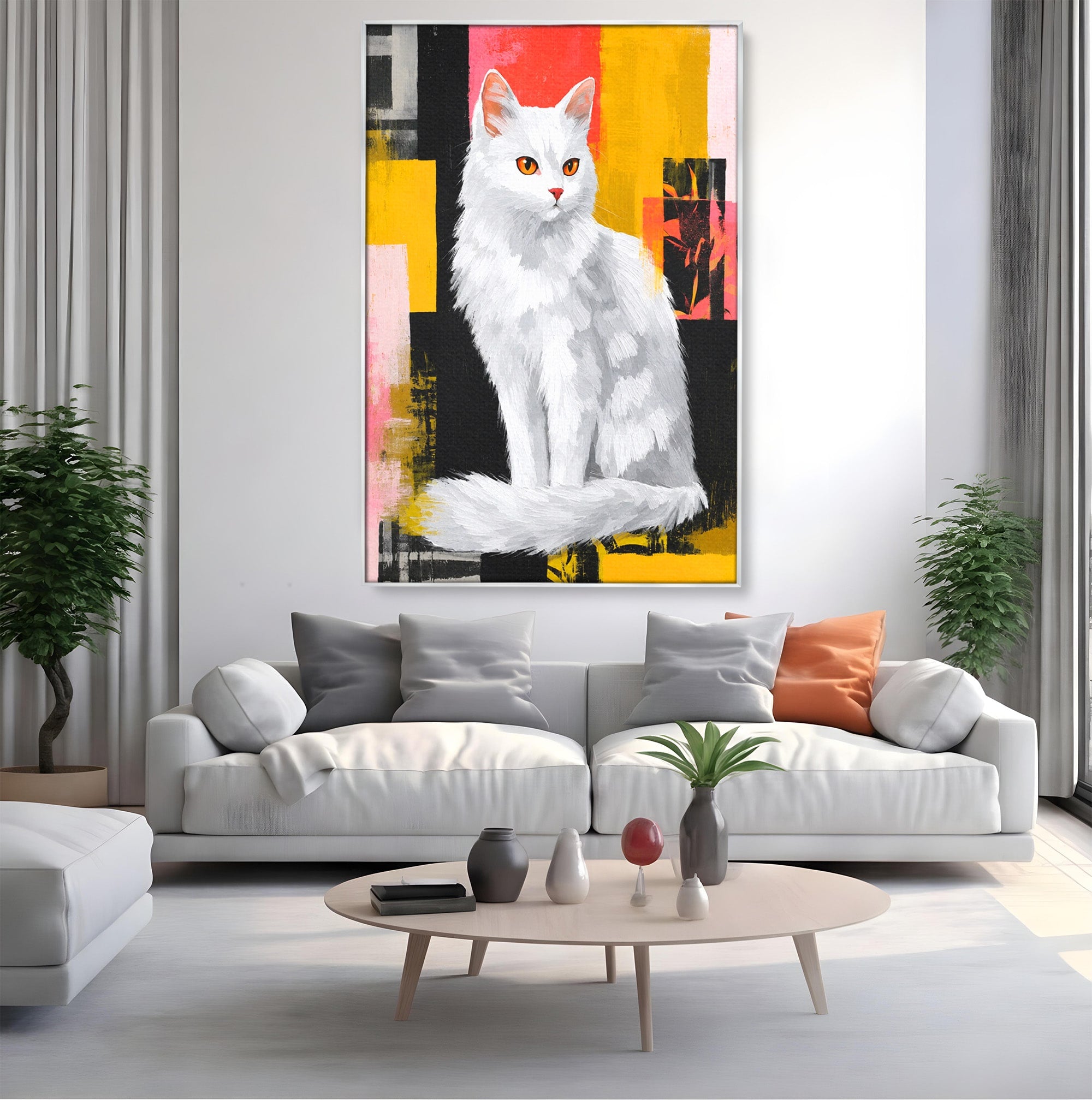 Tablou Canvas Premium LuxCanva® M1557, Grație în Alb, Pisica, Animale, Living, Arta Moderna, Culori Contrastante, Culori Vibrante