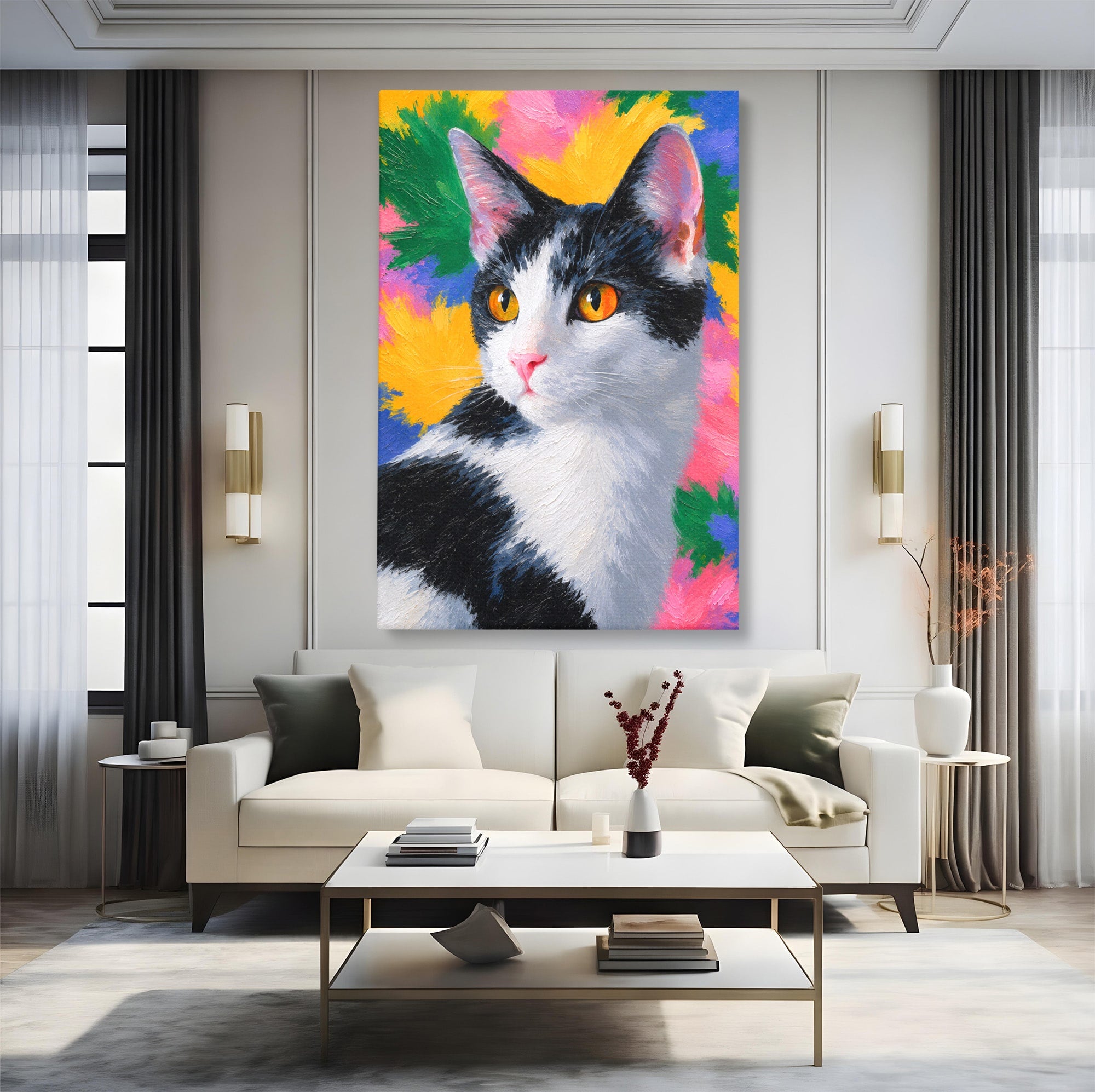 Tablou Canvas Premium LuxCanva® M1561, Pisica In Culori, Pisica, Portret, Animale, Living, Dormitor, Culori Vibrante