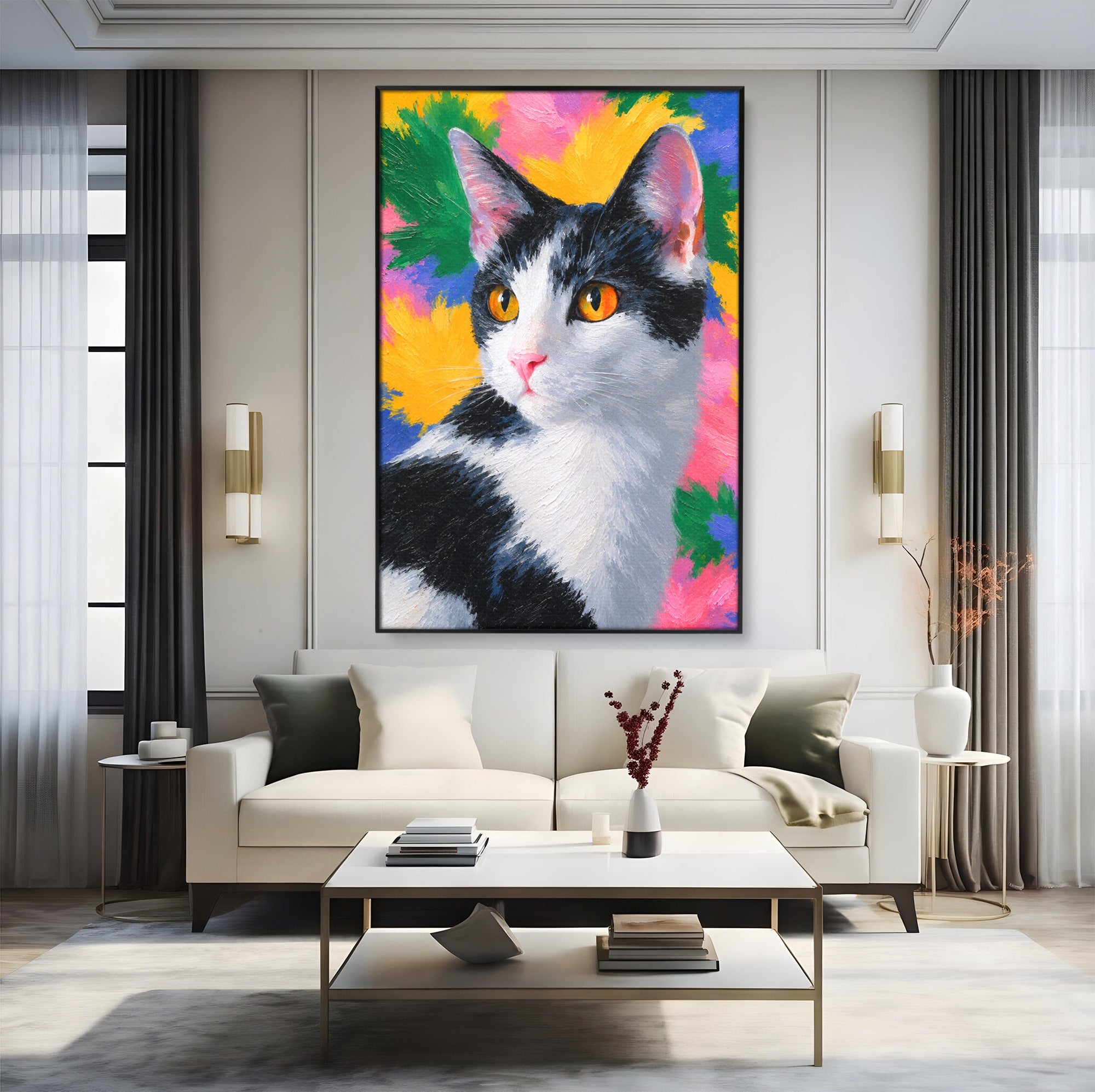 Tablou Canvas Premium LuxCanva® M1561, Pisica In Culori, Pisica, Portret, Animale, Living, Dormitor, Culori Vibrante