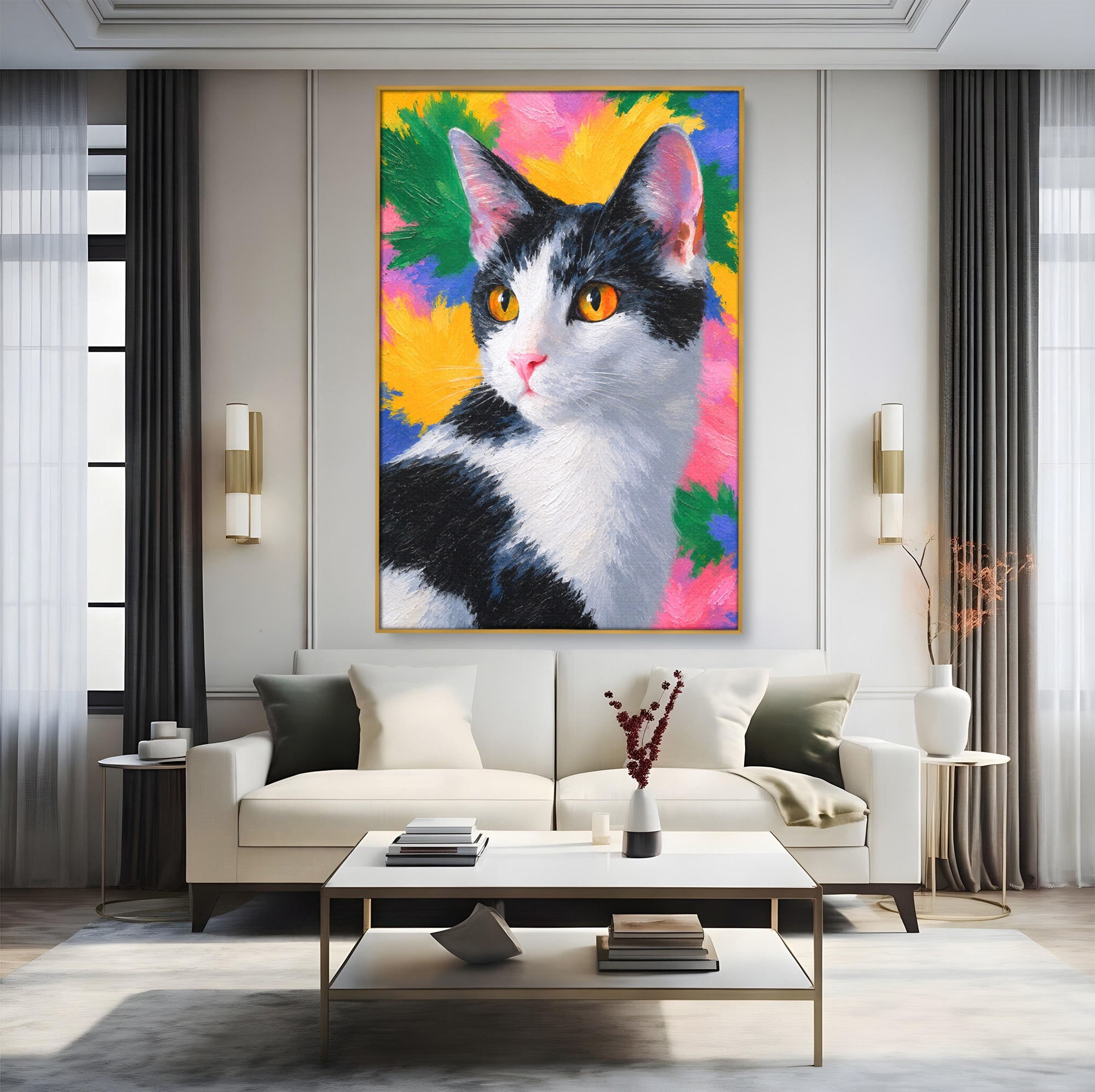 Tablou Canvas Premium LuxCanva® M1561, Pisica In Culori, Pisica, Portret, Animale, Living, Dormitor, Culori Vibrante