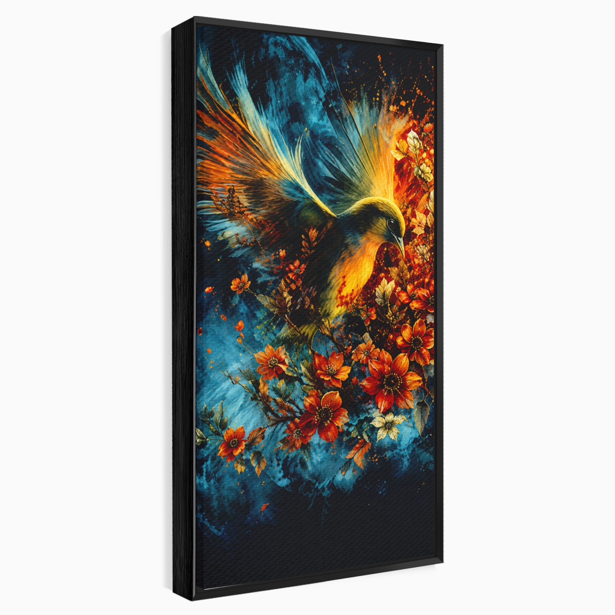 Tablou Canvas Premium LuxCanva® M1563, Pasare De Foc, Pasare, Flori, Arta Abstracta, Natura, Living, Culori Vibrante