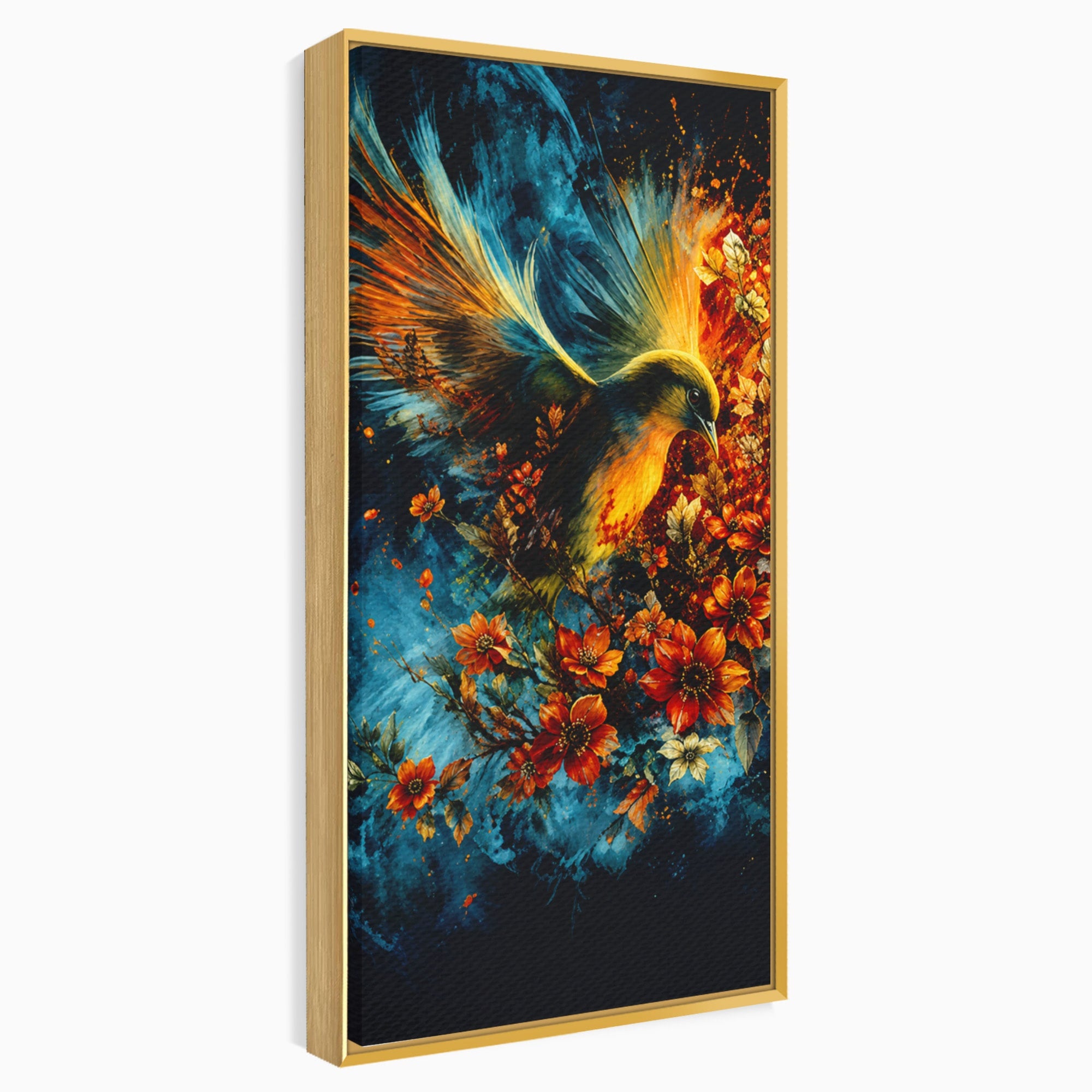 Tablou Canvas Premium LuxCanva® M1563, Pasare De Foc, Pasare, Flori, Arta Abstracta, Natura, Living, Culori Vibrante
