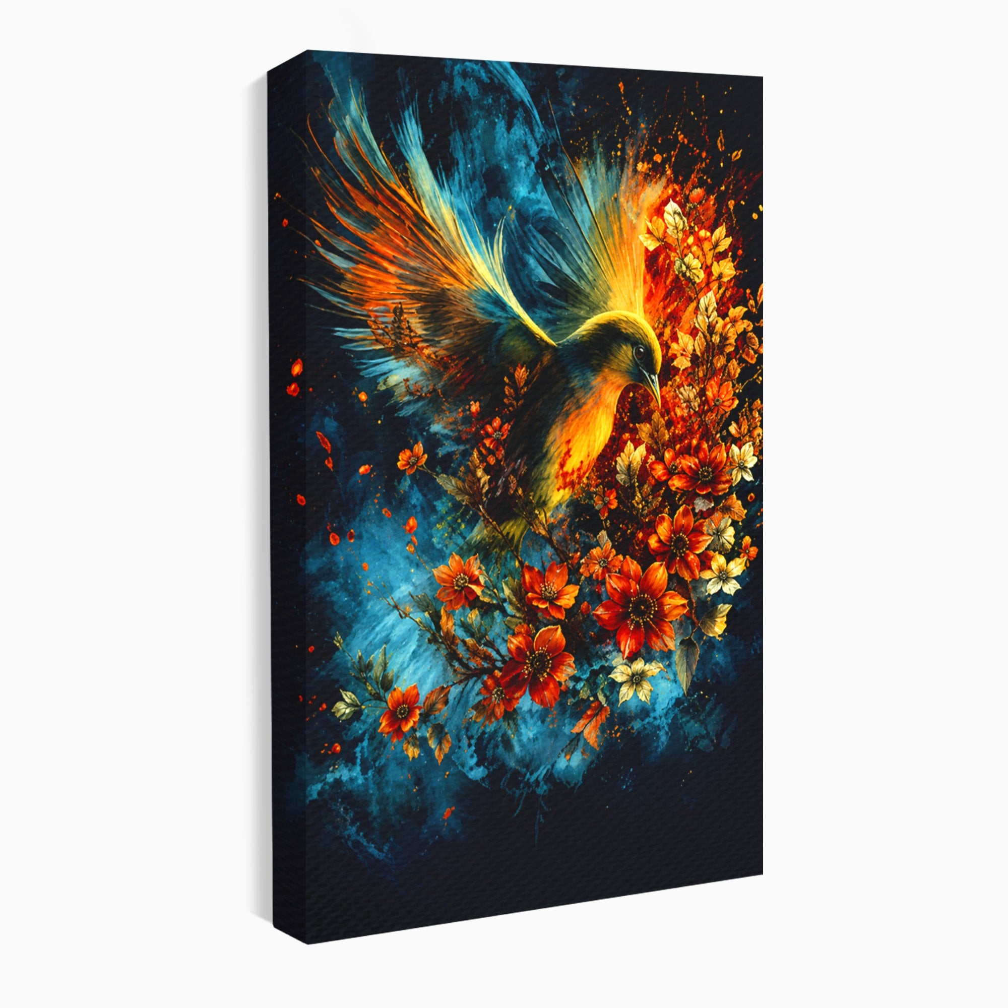 Tablou Canvas Premium LuxCanva® M1563, Pasare De Foc, Pasare, Flori, Arta Abstracta, Natura, Living, Culori Vibrante