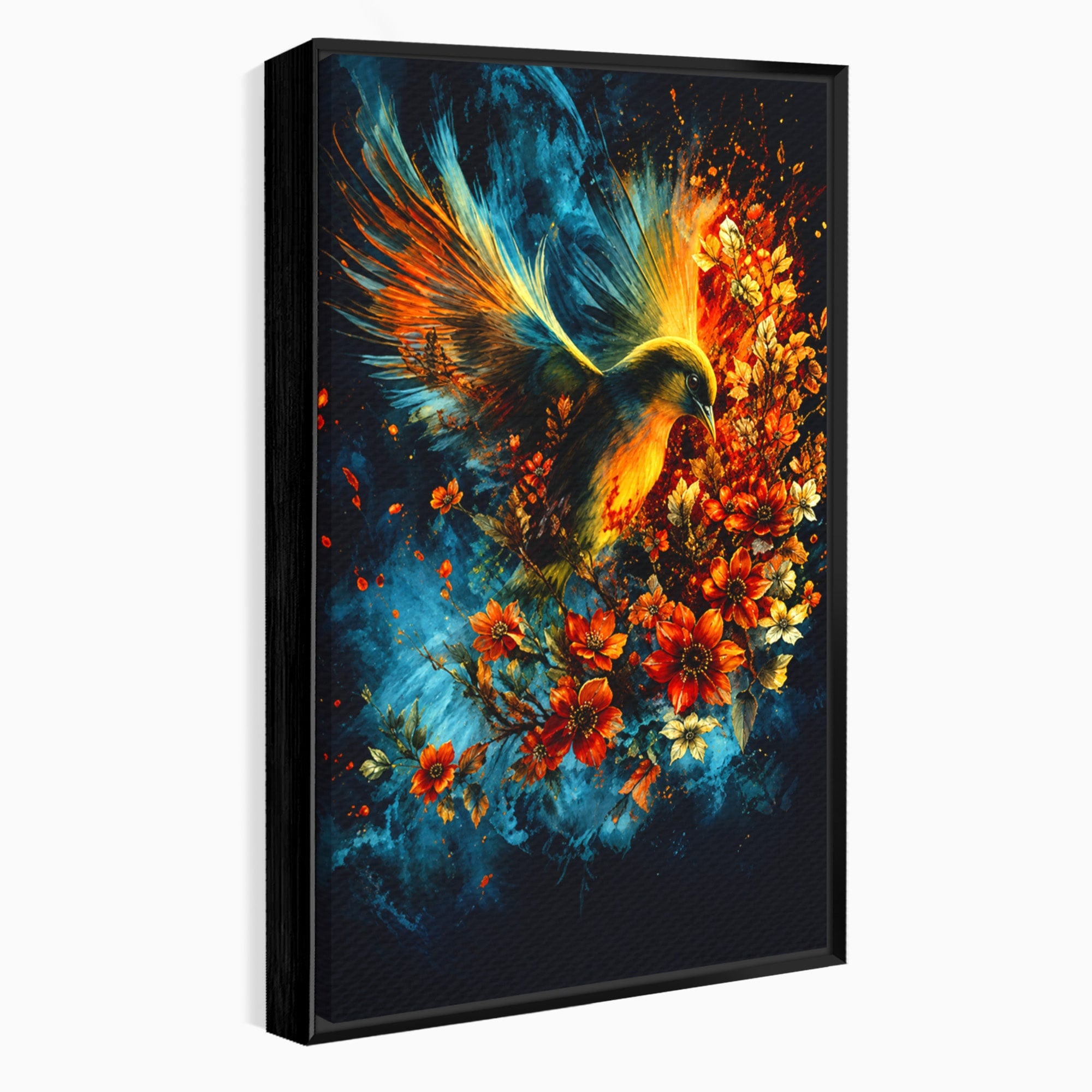 Tablou Canvas Premium LuxCanva® M1563, Pasare De Foc, Pasare, Flori, Arta Abstracta, Natura, Living, Culori Vibrante