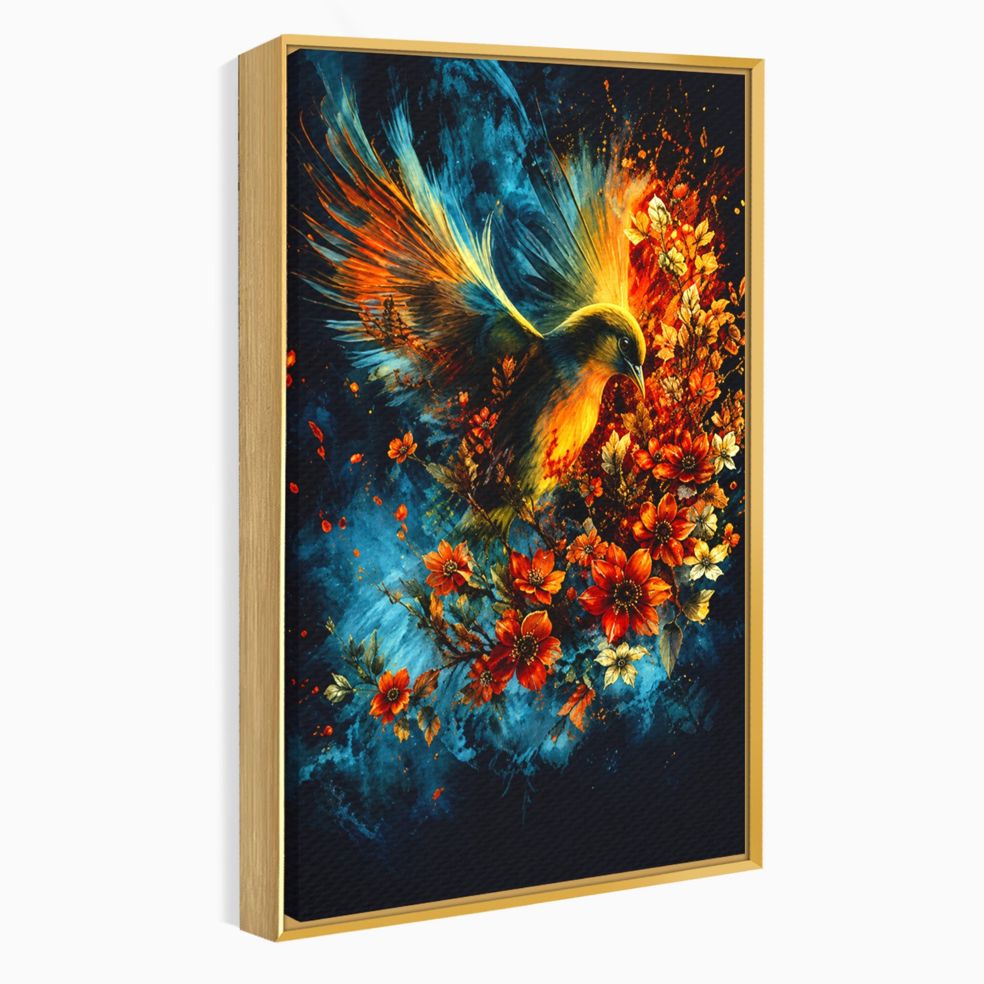 Tablou Canvas Premium LuxCanva® M1563, Pasare De Foc, Pasare, Flori, Arta Abstracta, Natura, Living, Culori Vibrante
