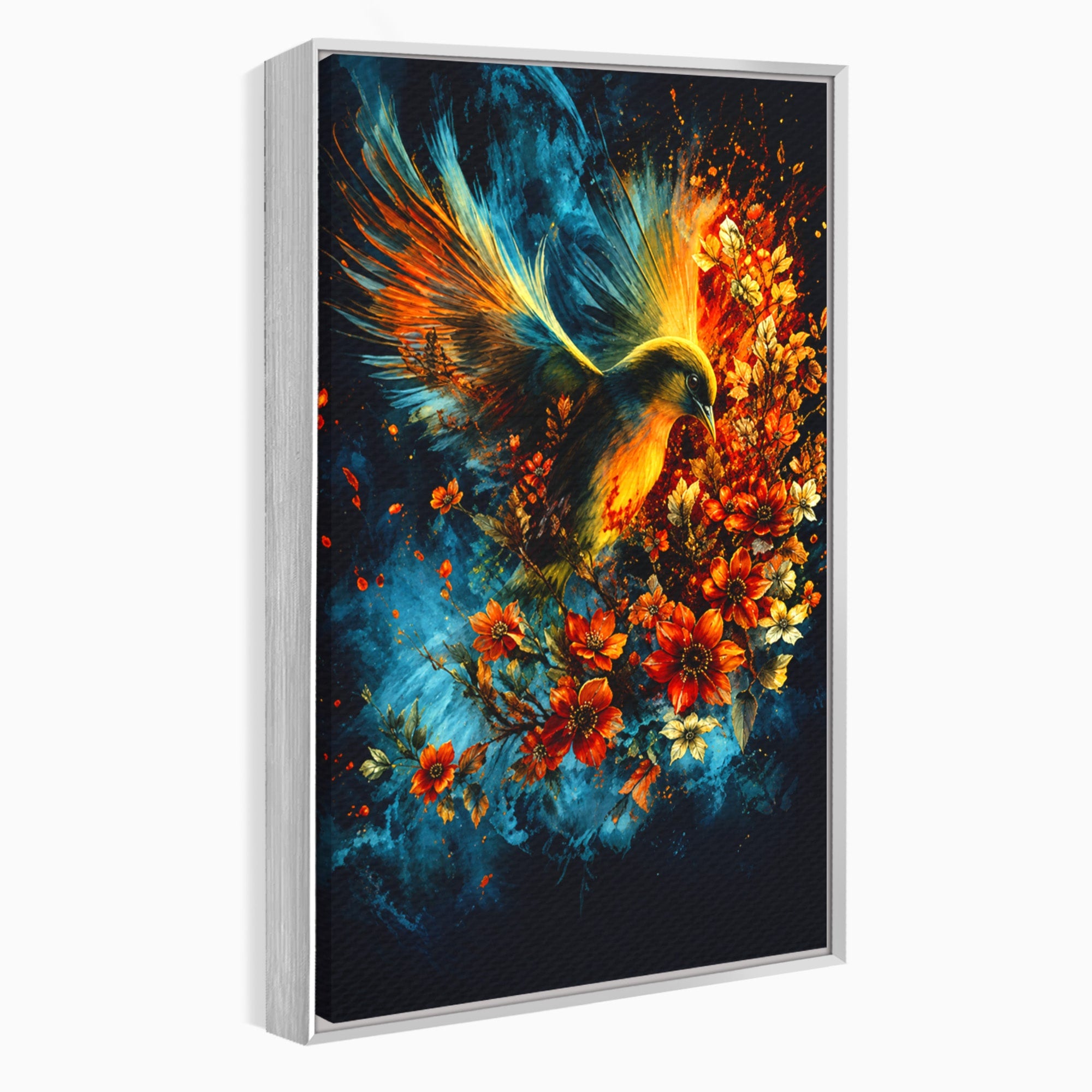 Tablou Canvas Premium LuxCanva® M1563, Pasare De Foc, Pasare, Flori, Arta Abstracta, Natura, Living, Culori Vibrante