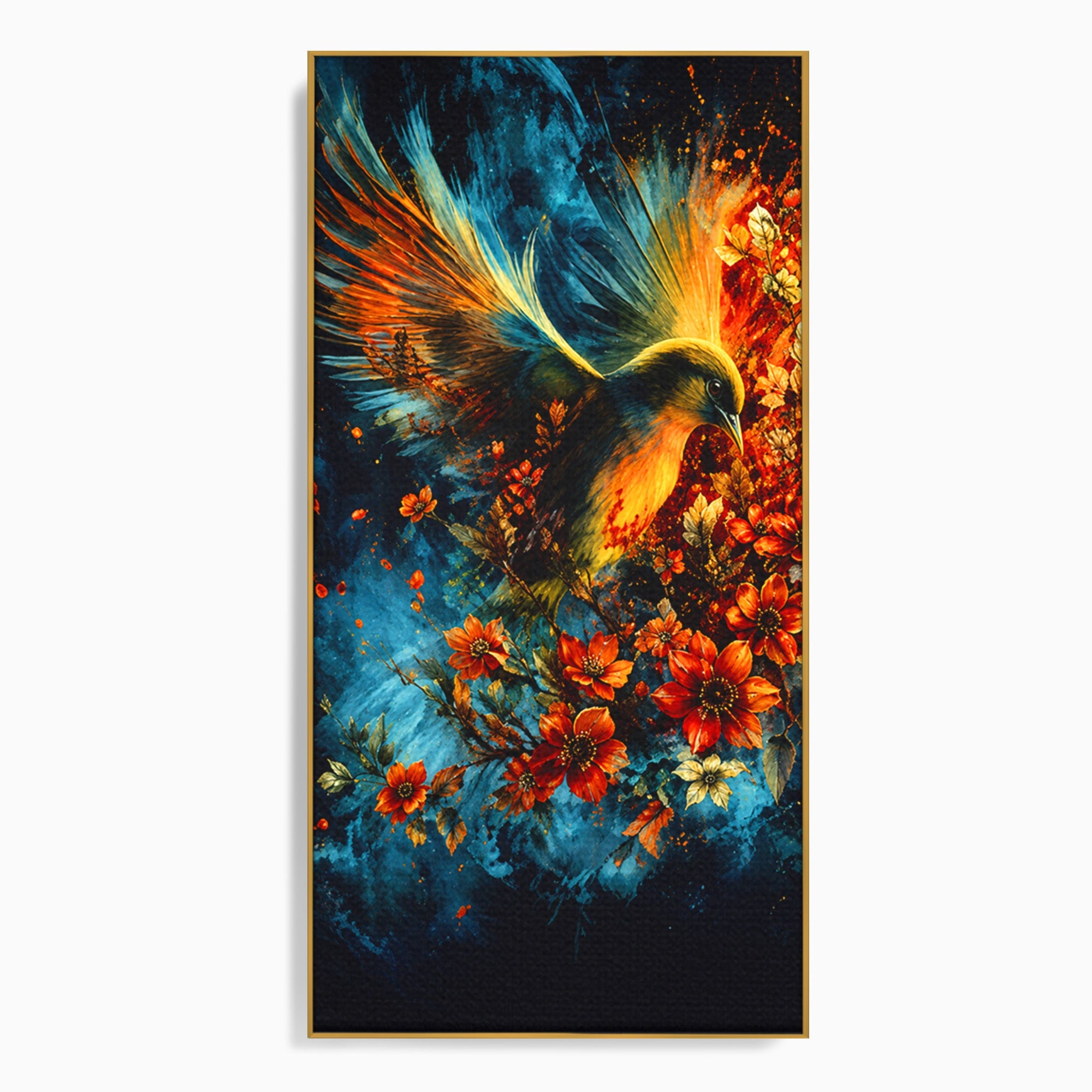Tablou Canvas Premium LuxCanva® M1563, Pasare De Foc, Pasare, Flori, Arta Abstracta, Natura, Living, Culori Vibrante