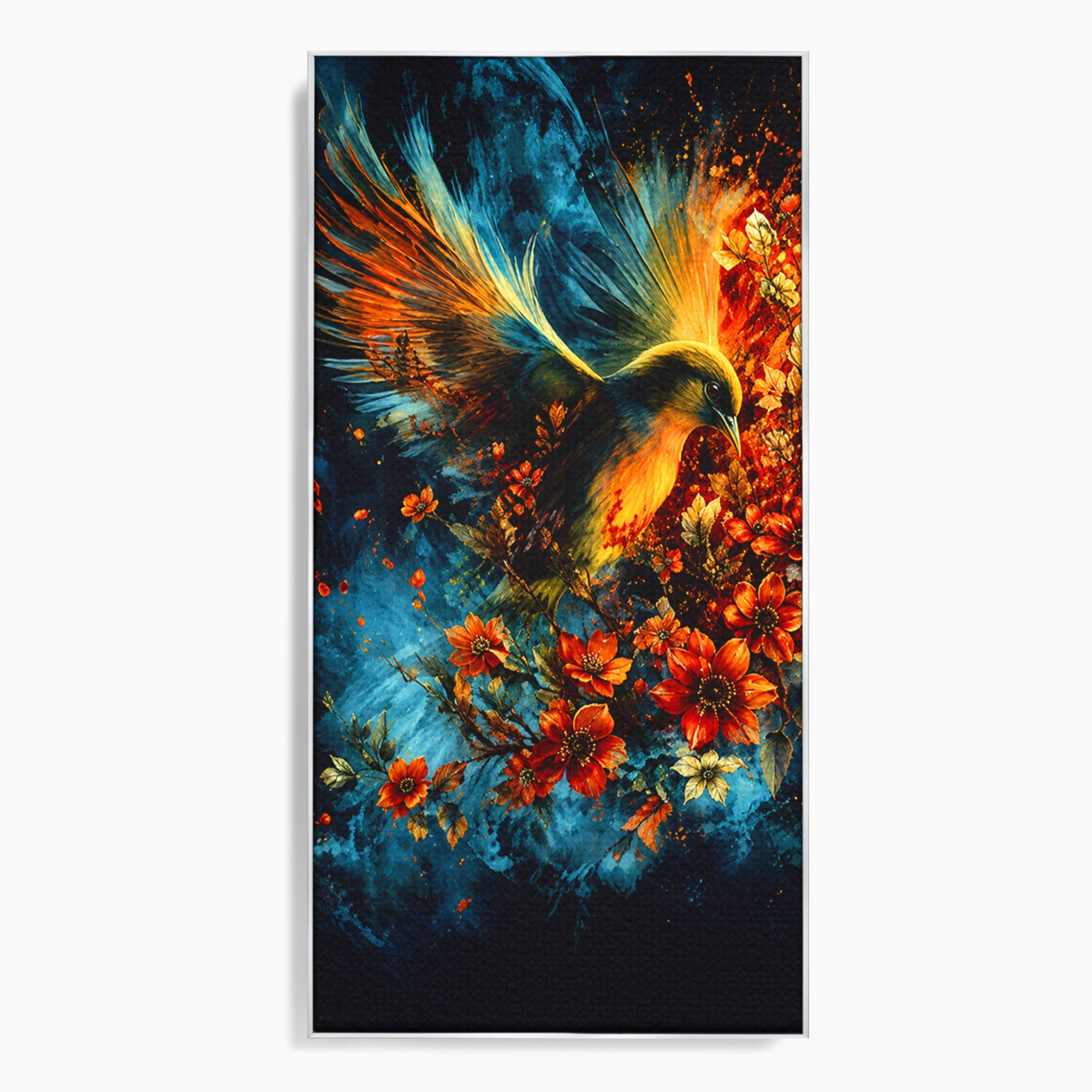 Tablou Canvas Premium LuxCanva® M1563, Pasare De Foc, Pasare, Flori, Arta Abstracta, Natura, Living, Culori Vibrante