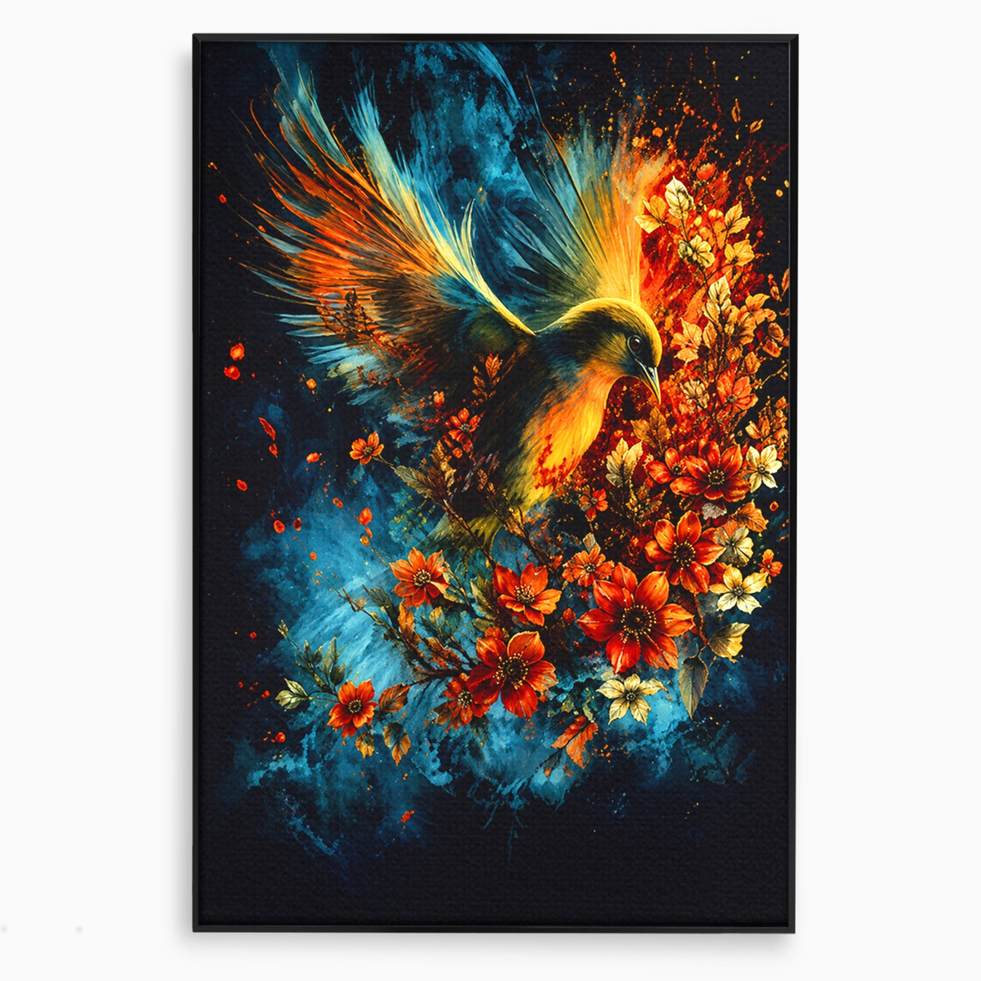 Tablou Canvas Premium LuxCanva® M1563, Pasare De Foc, Pasare, Flori, Arta Abstracta, Natura, Living, Culori Vibrante