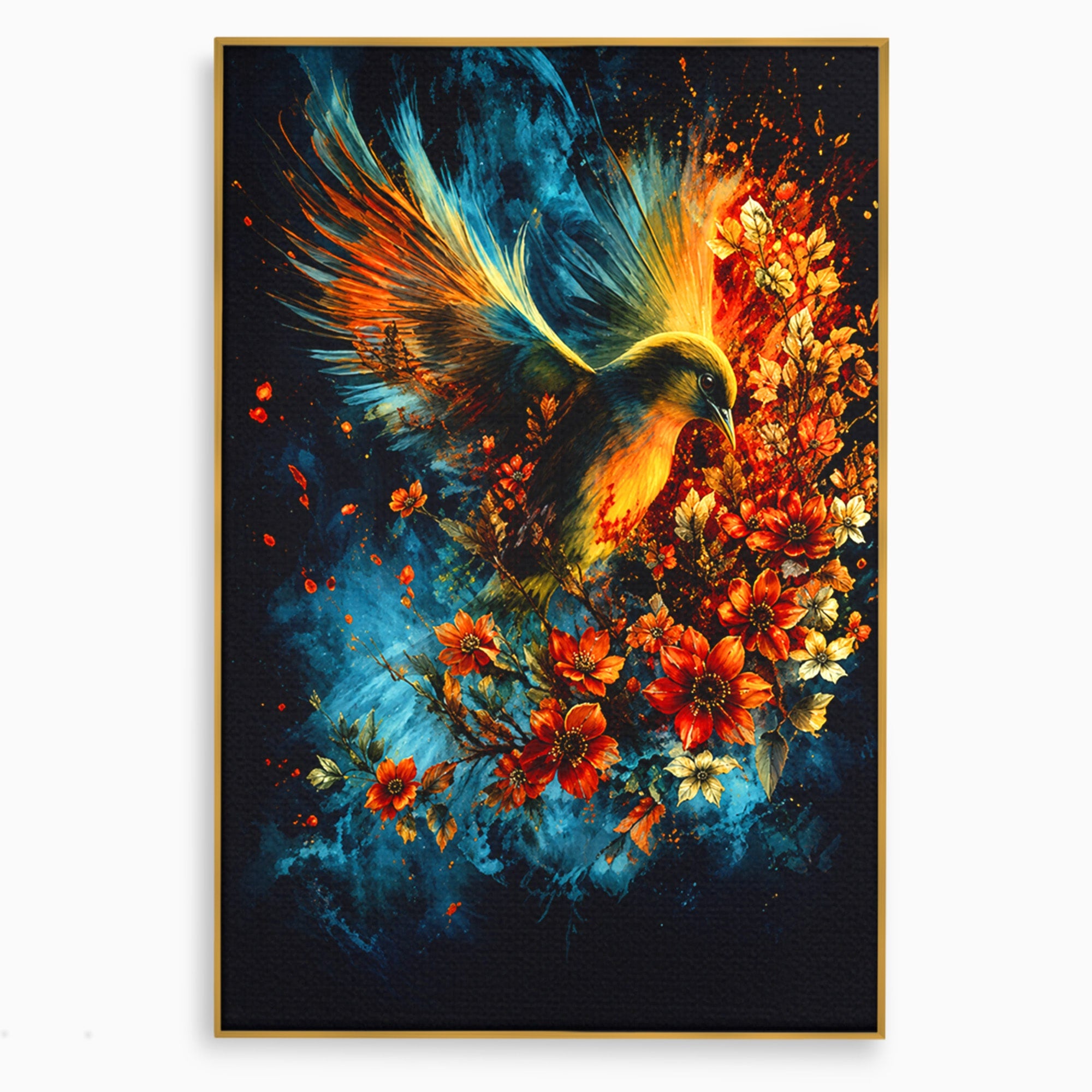 Tablou Canvas Premium LuxCanva® M1563, Pasare De Foc, Pasare, Flori, Arta Abstracta, Natura, Living, Culori Vibrante