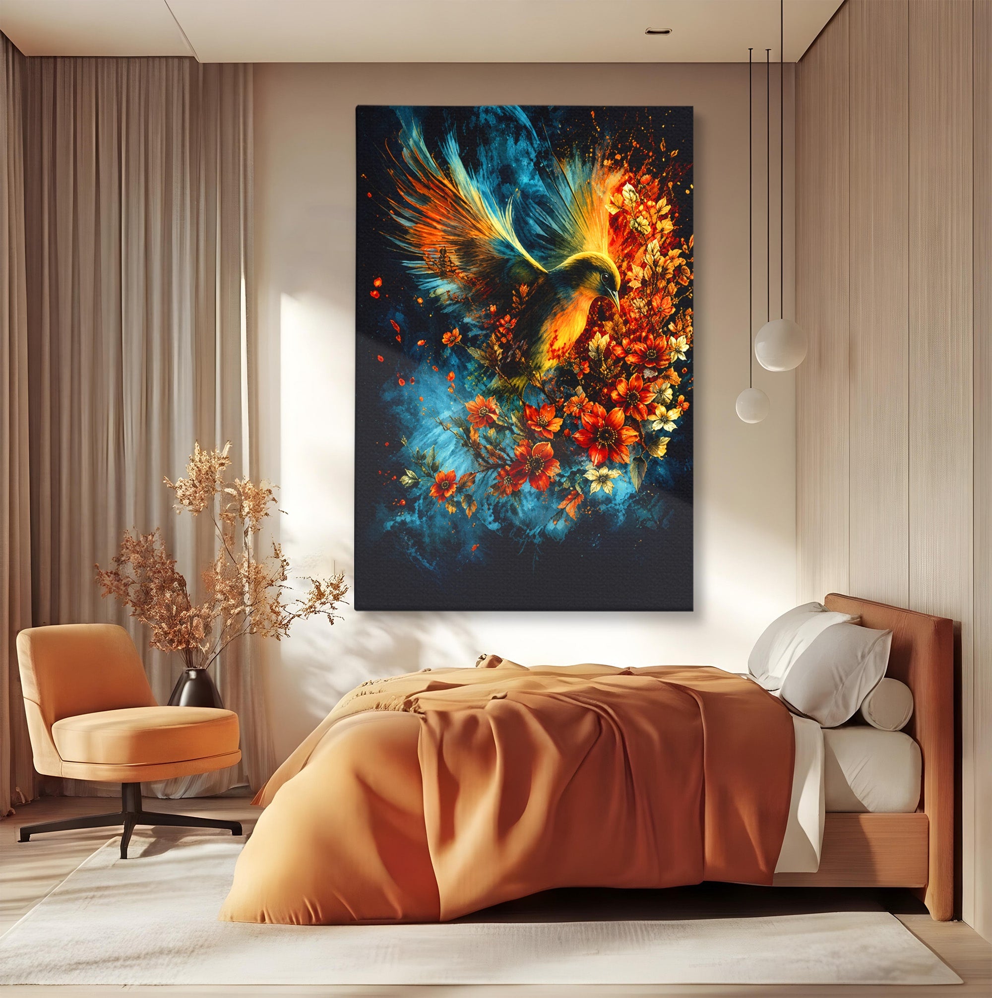 Tablou Canvas Premium LuxCanva® M1563, Pasare De Foc, Pasare, Flori, Arta Abstracta, Natura, Living, Culori Vibrante