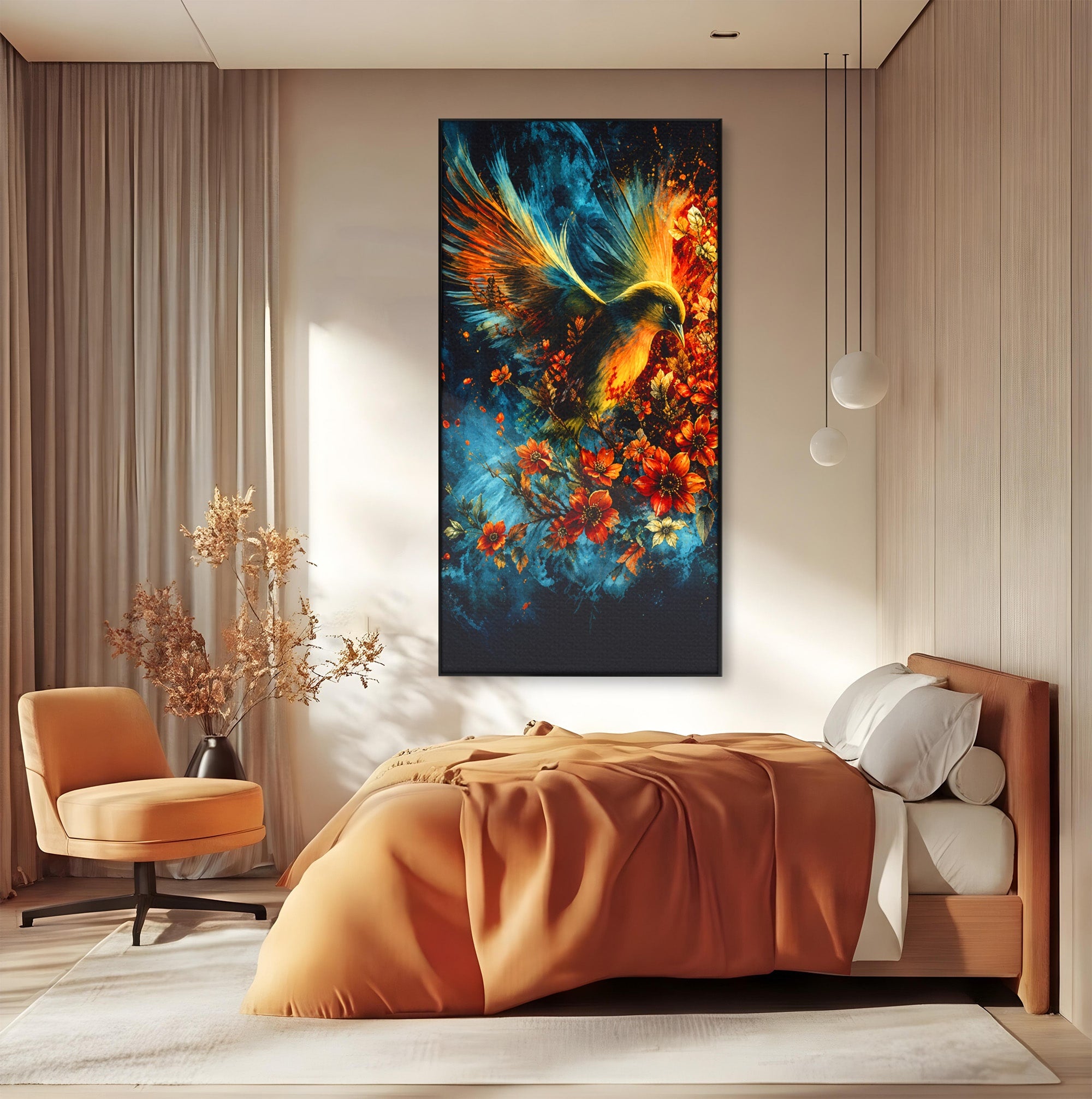 Tablou Canvas Premium LuxCanva® M1563, Pasare De Foc, Pasare, Flori, Arta Abstracta, Natura, Living, Culori Vibrante