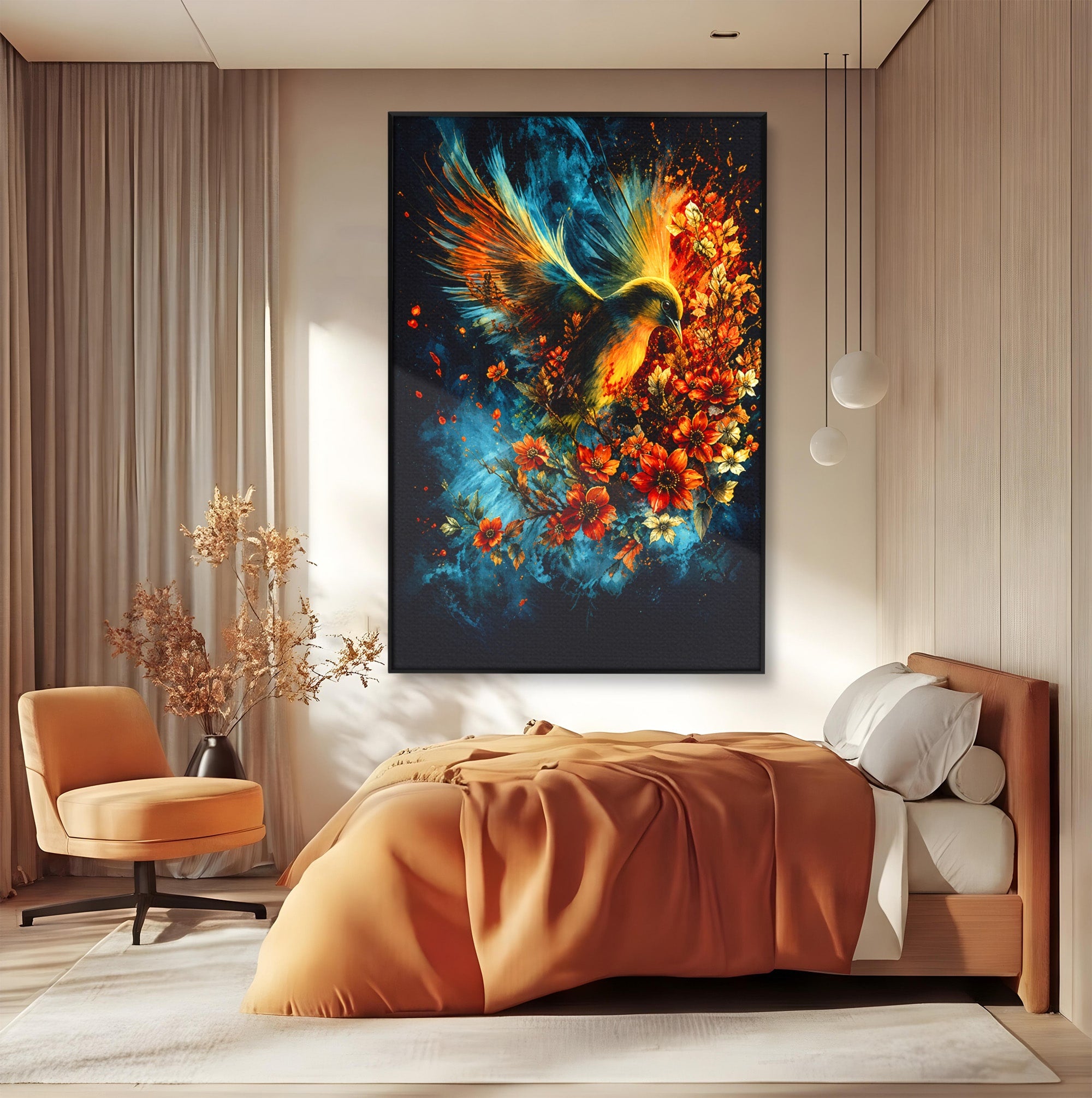 Tablou Canvas Premium LuxCanva® M1563, Pasare De Foc, Pasare, Flori, Arta Abstracta, Natura, Living, Culori Vibrante