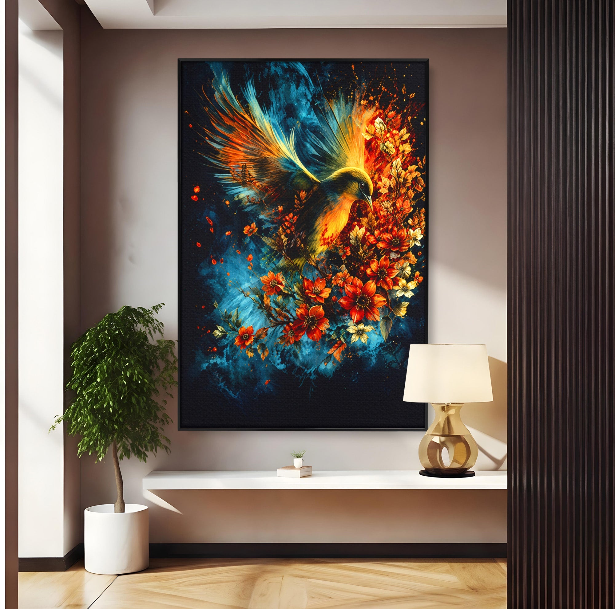 Tablou Canvas Premium LuxCanva® M1563, Pasare De Foc, Pasare, Flori, Arta Abstracta, Natura, Living, Culori Vibrante