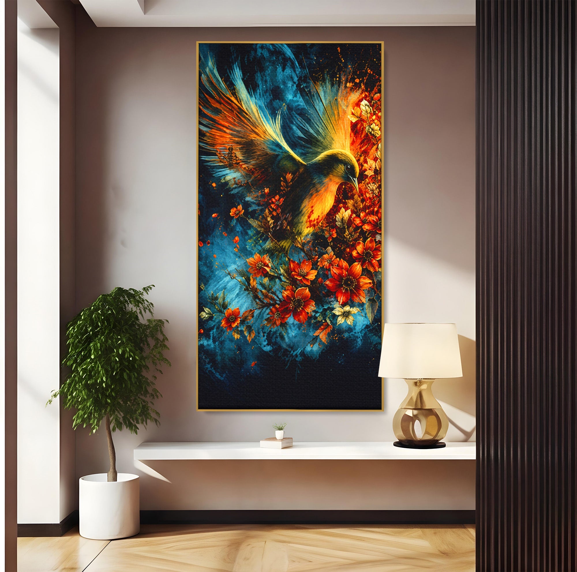 Tablou Canvas Premium LuxCanva® M1563, Pasare De Foc, Pasare, Flori, Arta Abstracta, Natura, Living, Culori Vibrante