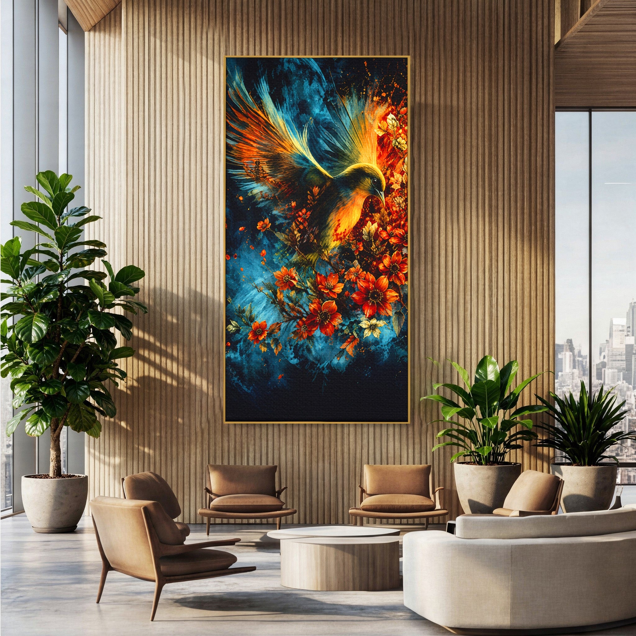 Tablou Canvas Premium LuxCanva® M1563, Pasare De Foc, Pasare, Flori, Arta Abstracta, Natura, Living, Culori Vibrante