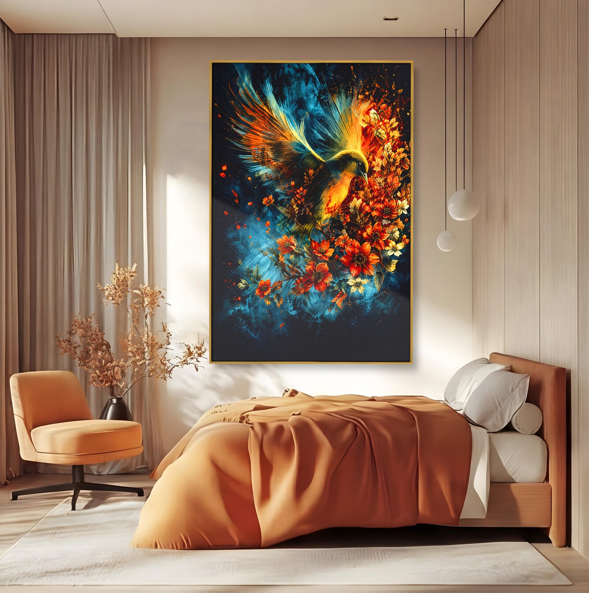Tablou Canvas Premium LuxCanva® M1563, Pasare De Foc, Pasare, Flori, Arta Abstracta, Natura, Living, Culori Vibrante