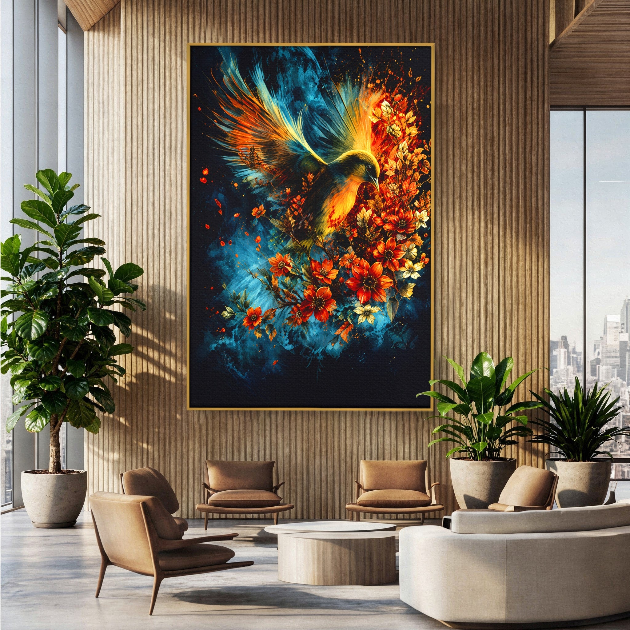 Tablou Canvas Premium LuxCanva® M1563, Pasare De Foc, Pasare, Flori, Arta Abstracta, Natura, Living, Culori Vibrante