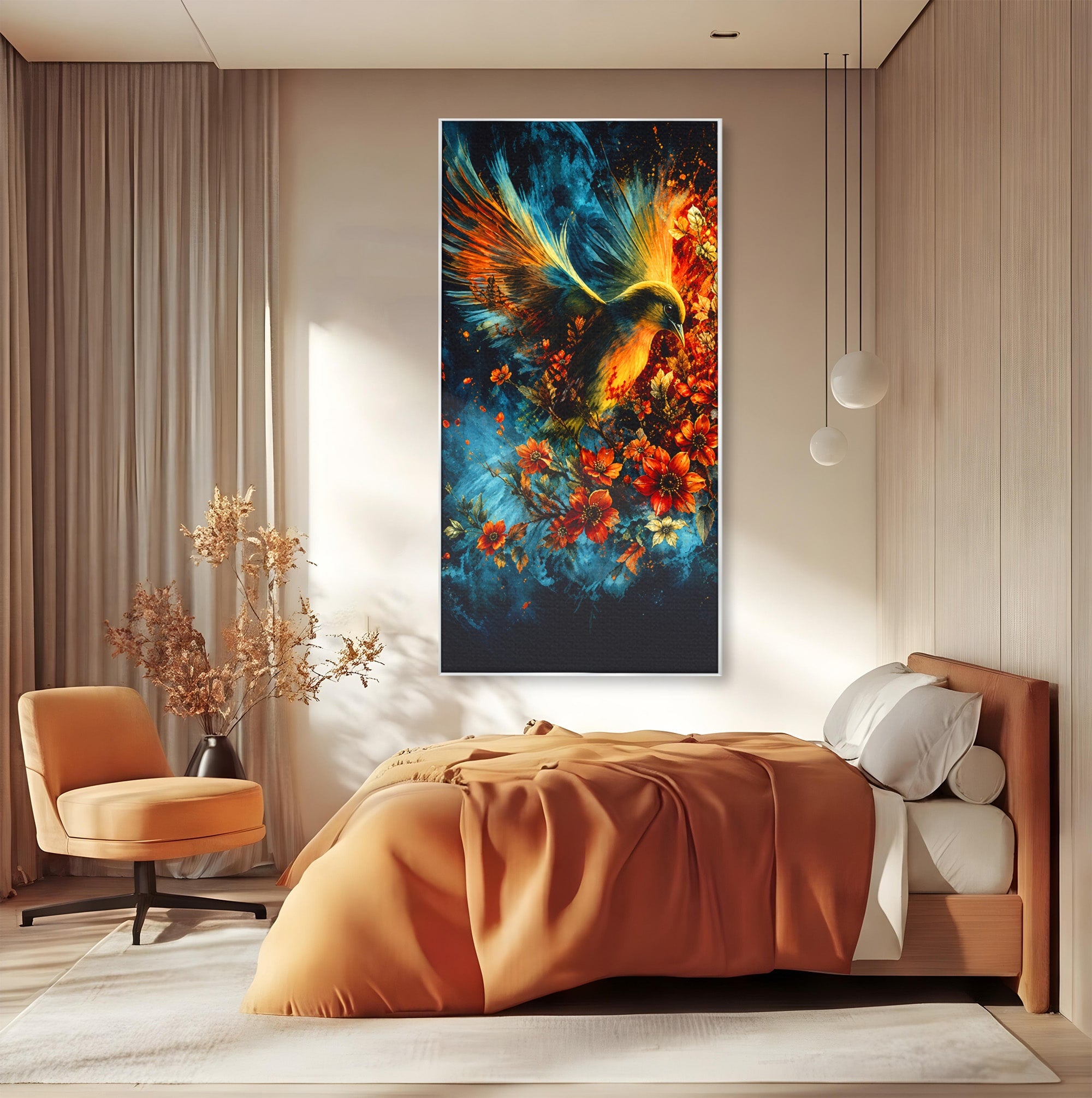 Tablou Canvas Premium LuxCanva® M1563, Pasare De Foc, Pasare, Flori, Arta Abstracta, Natura, Living, Culori Vibrante