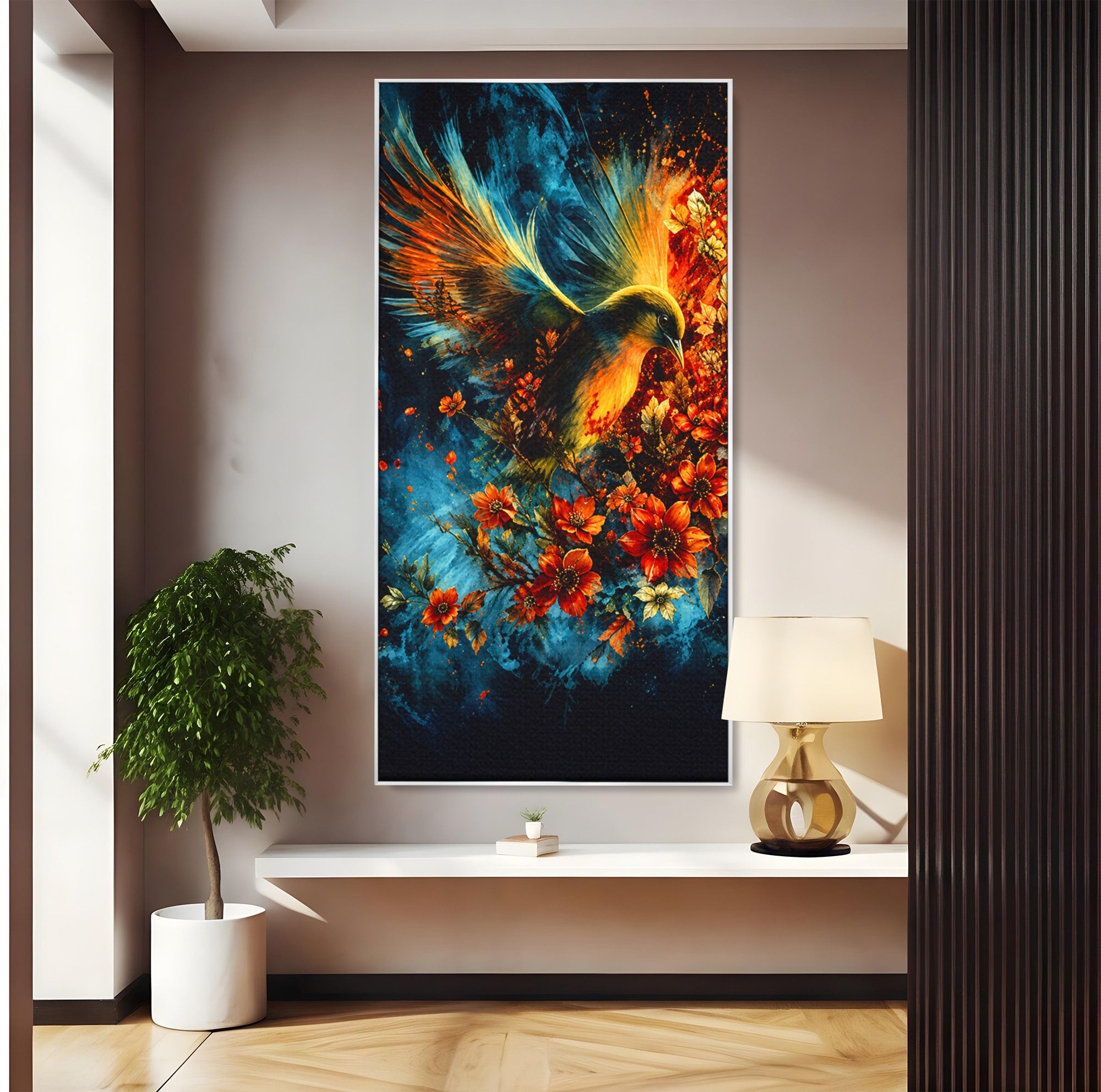 Tablou Canvas Premium LuxCanva® M1563, Pasare De Foc, Pasare, Flori, Arta Abstracta, Natura, Living, Culori Vibrante