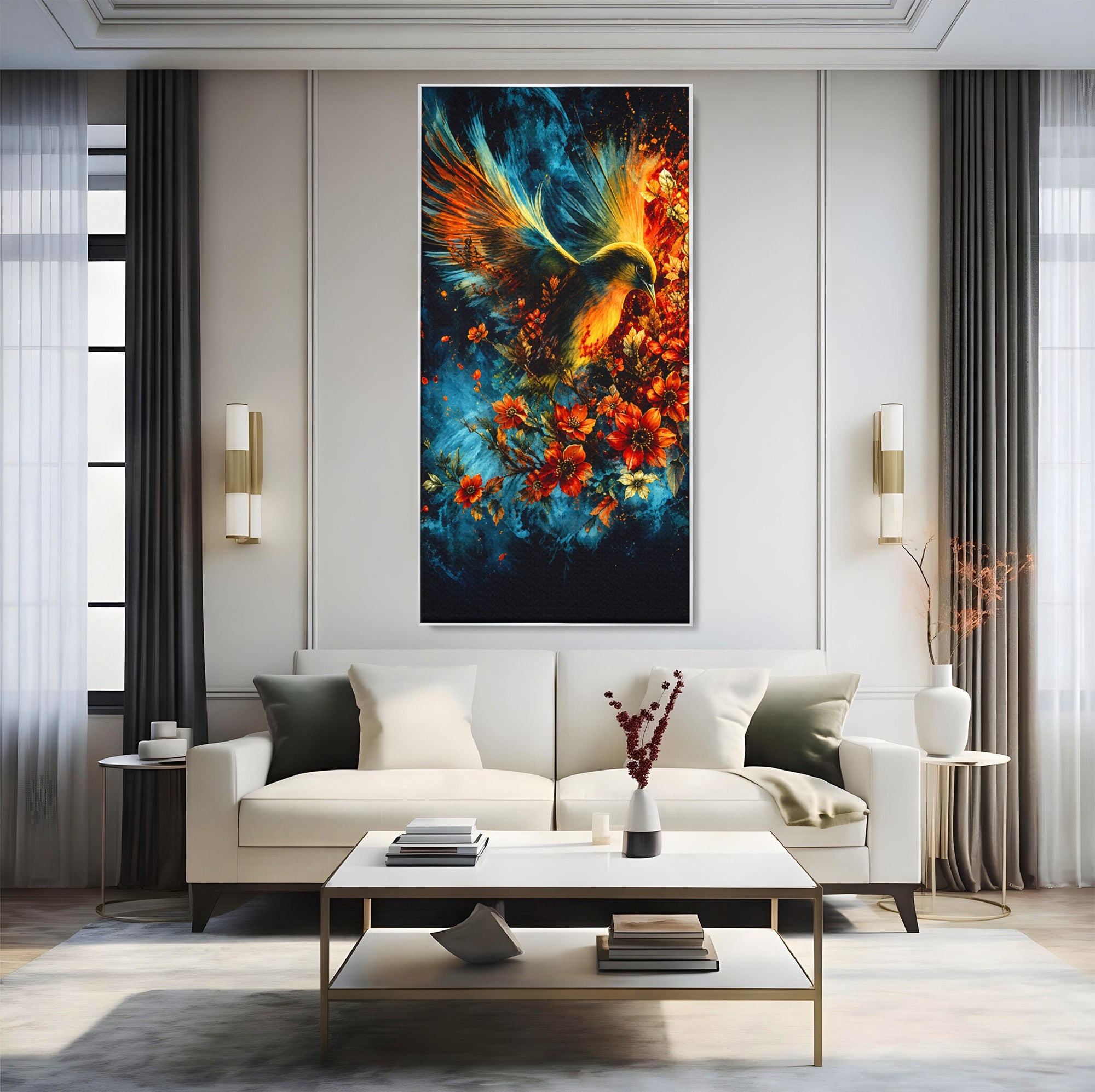 Tablou Canvas Premium LuxCanva® M1563, Pasare De Foc, Pasare, Flori, Arta Abstracta, Natura, Living, Culori Vibrante