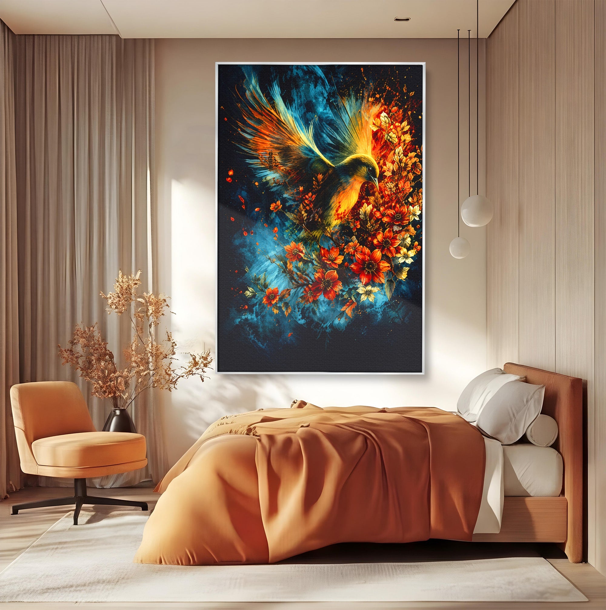 Tablou Canvas Premium LuxCanva® M1563, Pasare De Foc, Pasare, Flori, Arta Abstracta, Natura, Living, Culori Vibrante