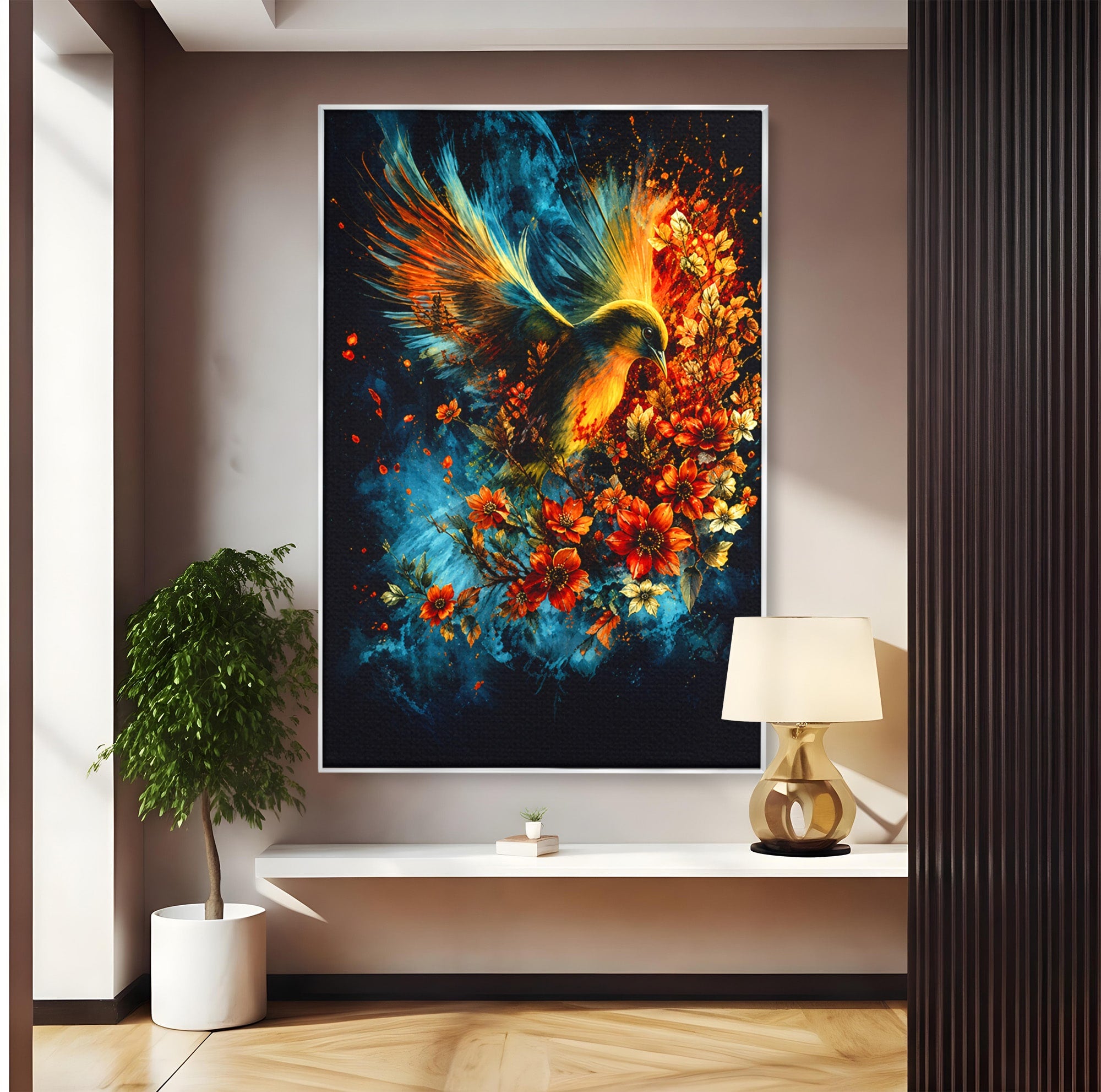 Tablou Canvas Premium LuxCanva® M1563, Pasare De Foc, Pasare, Flori, Arta Abstracta, Natura, Living, Culori Vibrante