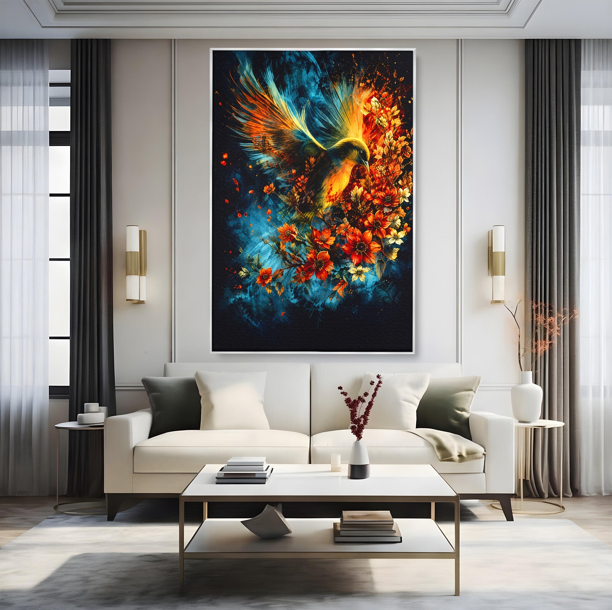 Tablou Canvas Premium LuxCanva® M1563, Pasare De Foc, Pasare, Flori, Arta Abstracta, Natura, Living, Culori Vibrante
