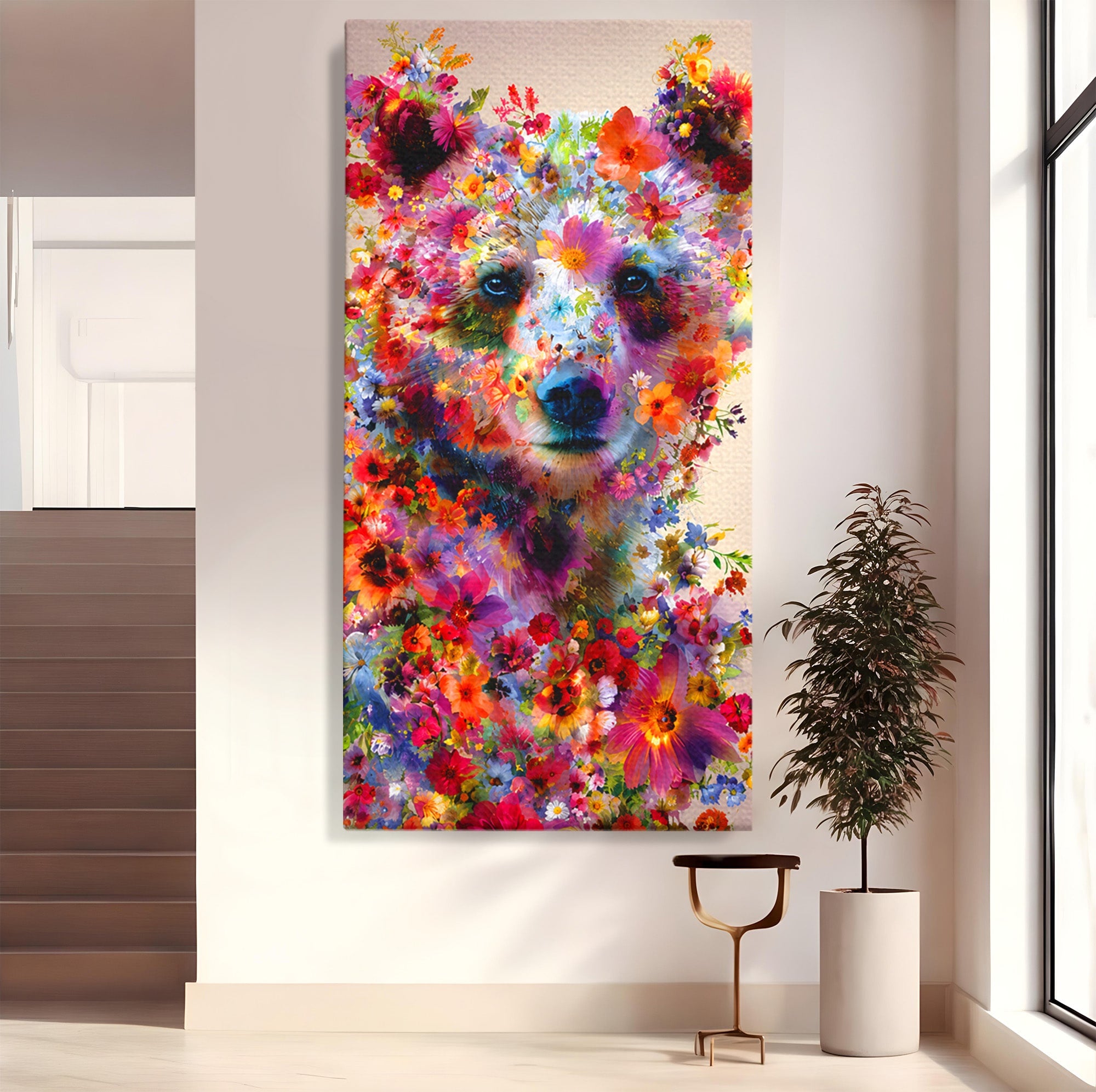 Tablou Canvas Premium LuxCanva® M1565, Ursul Floral, Urs, Flori, Natura, Arta, Living, Culori Vibrante