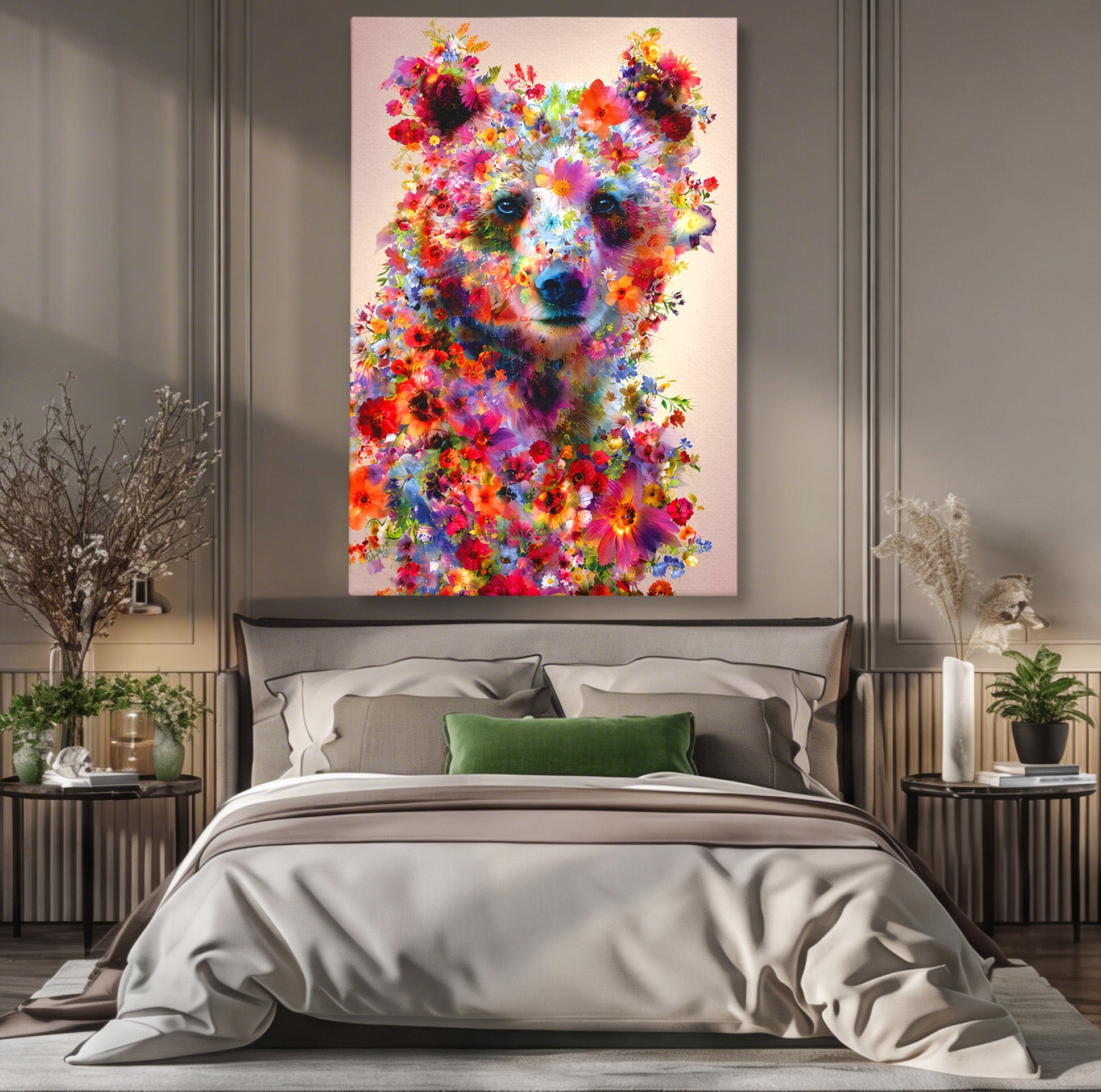 Tablou Canvas Premium LuxCanva® M1565, Ursul Floral, Urs, Flori, Natura, Arta, Living, Culori Vibrante