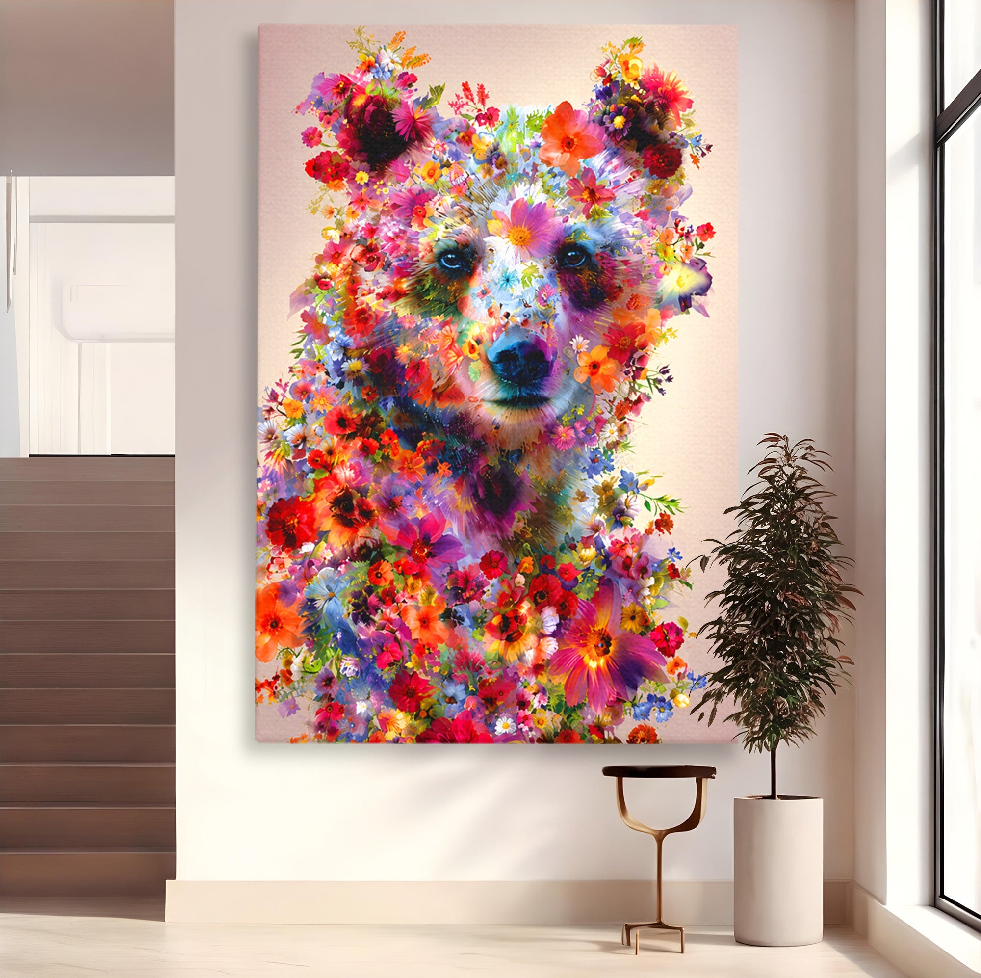 Tablou Canvas Premium LuxCanva® M1565, Ursul Floral, Urs, Flori, Natura, Arta, Living, Culori Vibrante