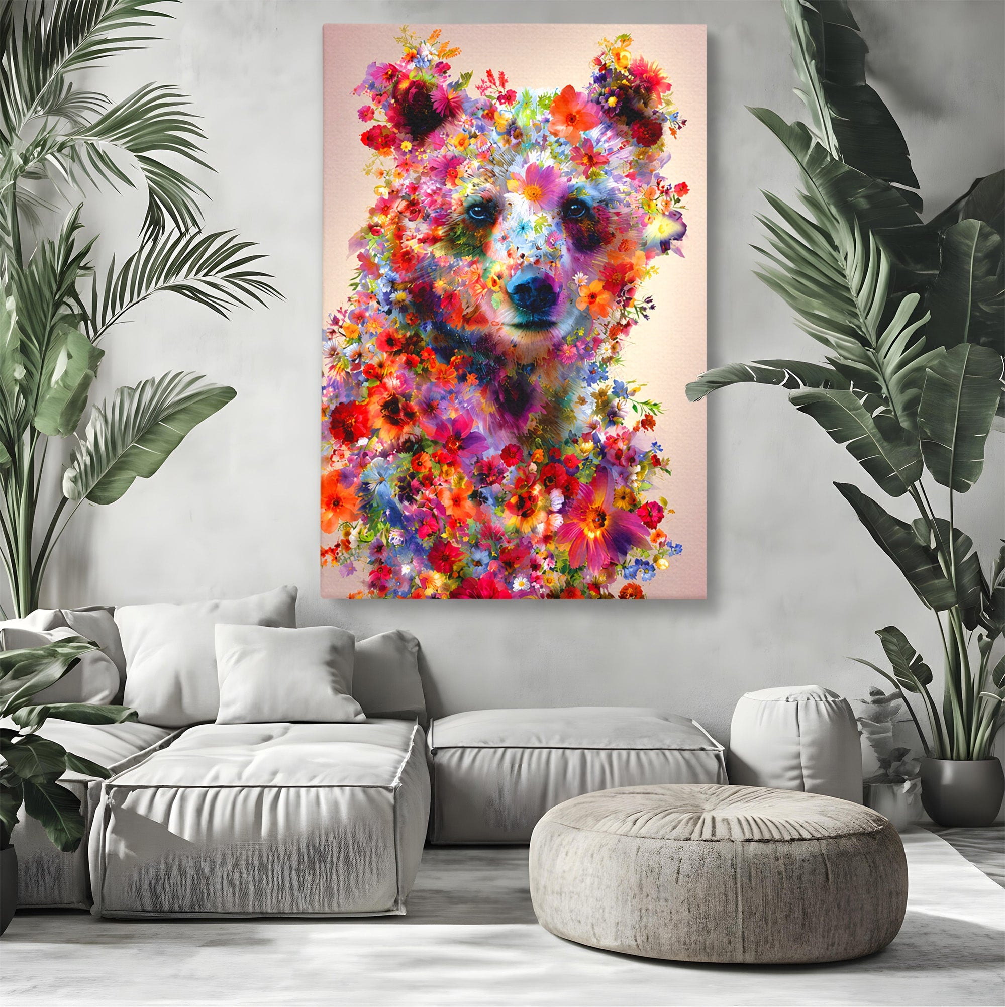 Tablou Canvas Premium LuxCanva® M1565, Ursul Floral, Urs, Flori, Natura, Arta, Living, Culori Vibrante