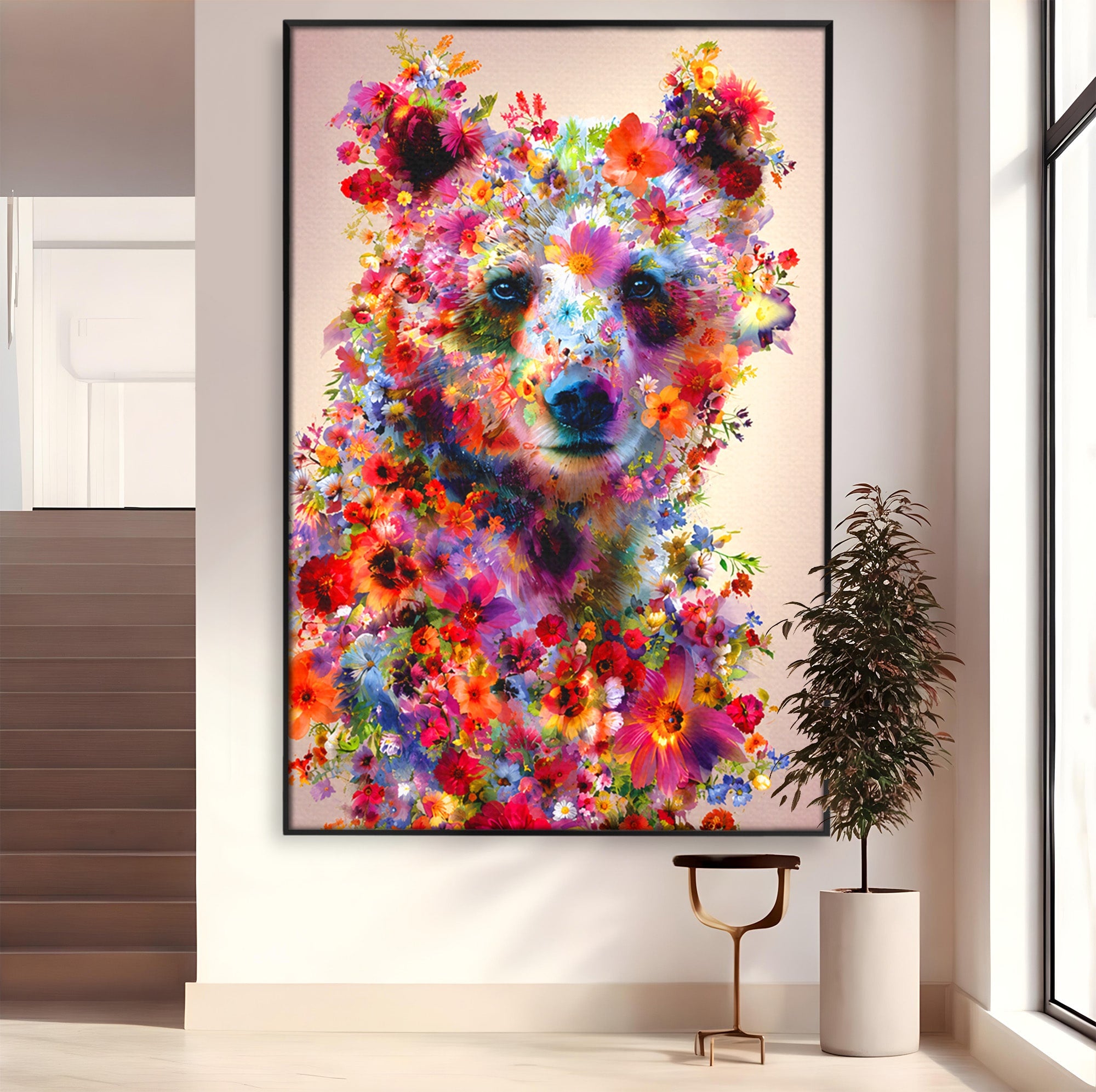 Tablou Canvas Premium LuxCanva® M1565, Ursul Floral, Urs, Flori, Natura, Arta, Living, Culori Vibrante