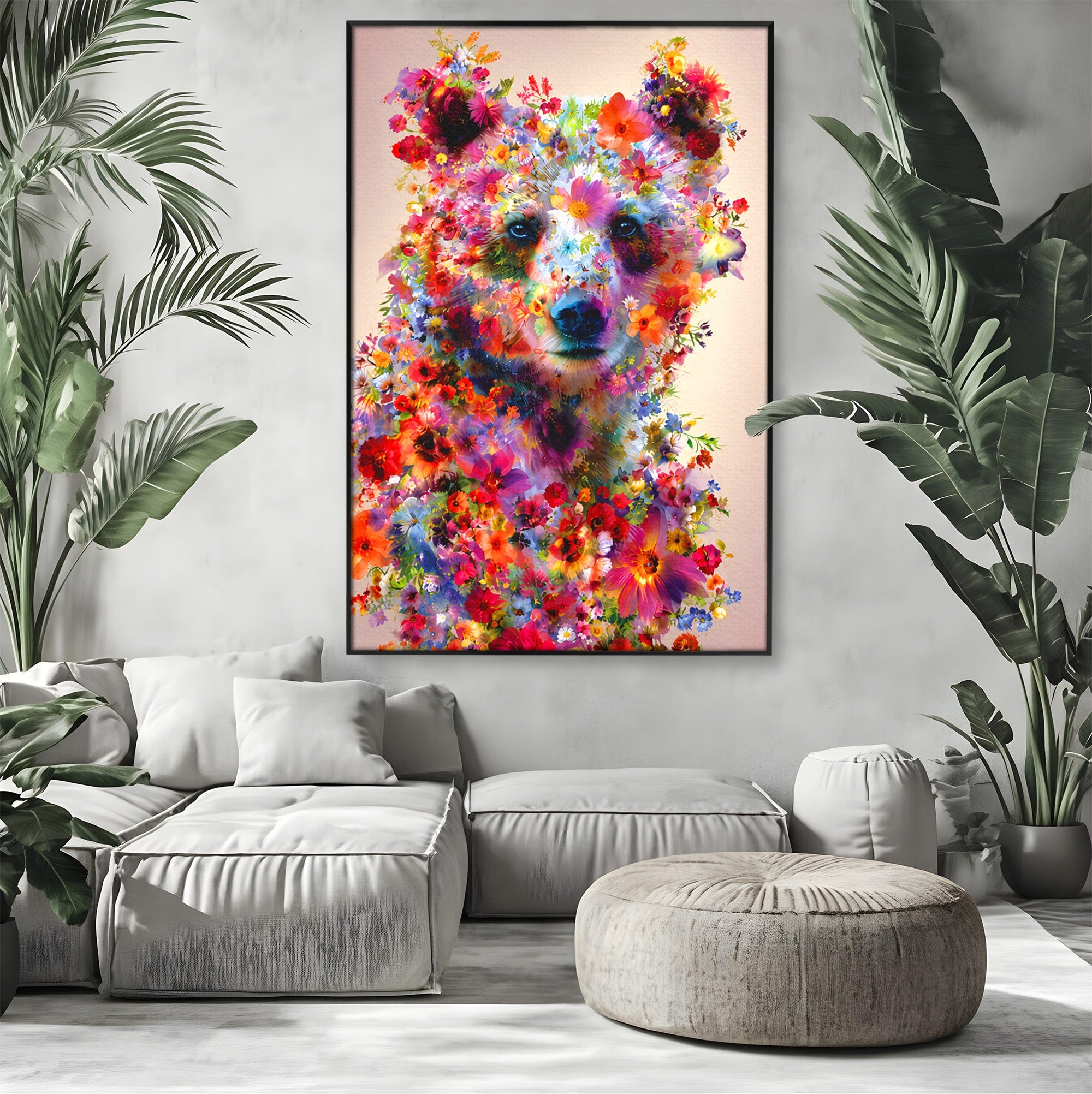 Tablou Canvas Premium LuxCanva® M1565, Ursul Floral, Urs, Flori, Natura, Arta, Living, Culori Vibrante