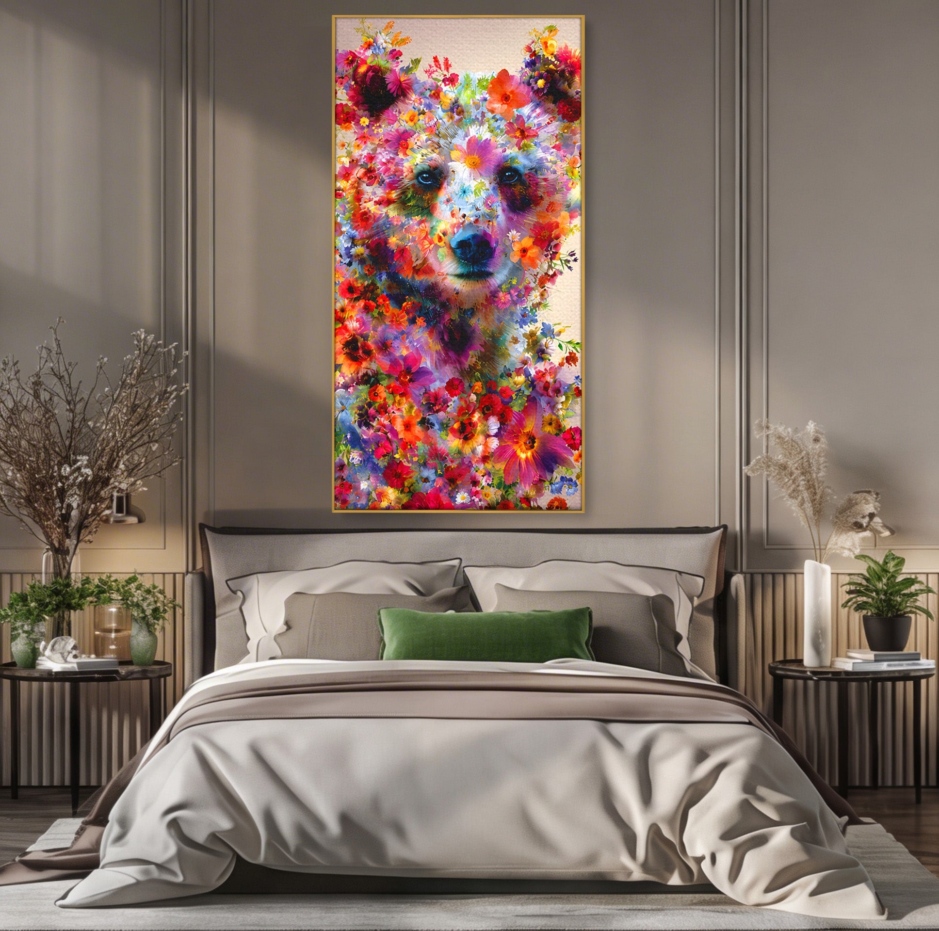 Tablou Canvas Premium LuxCanva® M1565, Ursul Floral, Urs, Flori, Natura, Arta, Living, Culori Vibrante