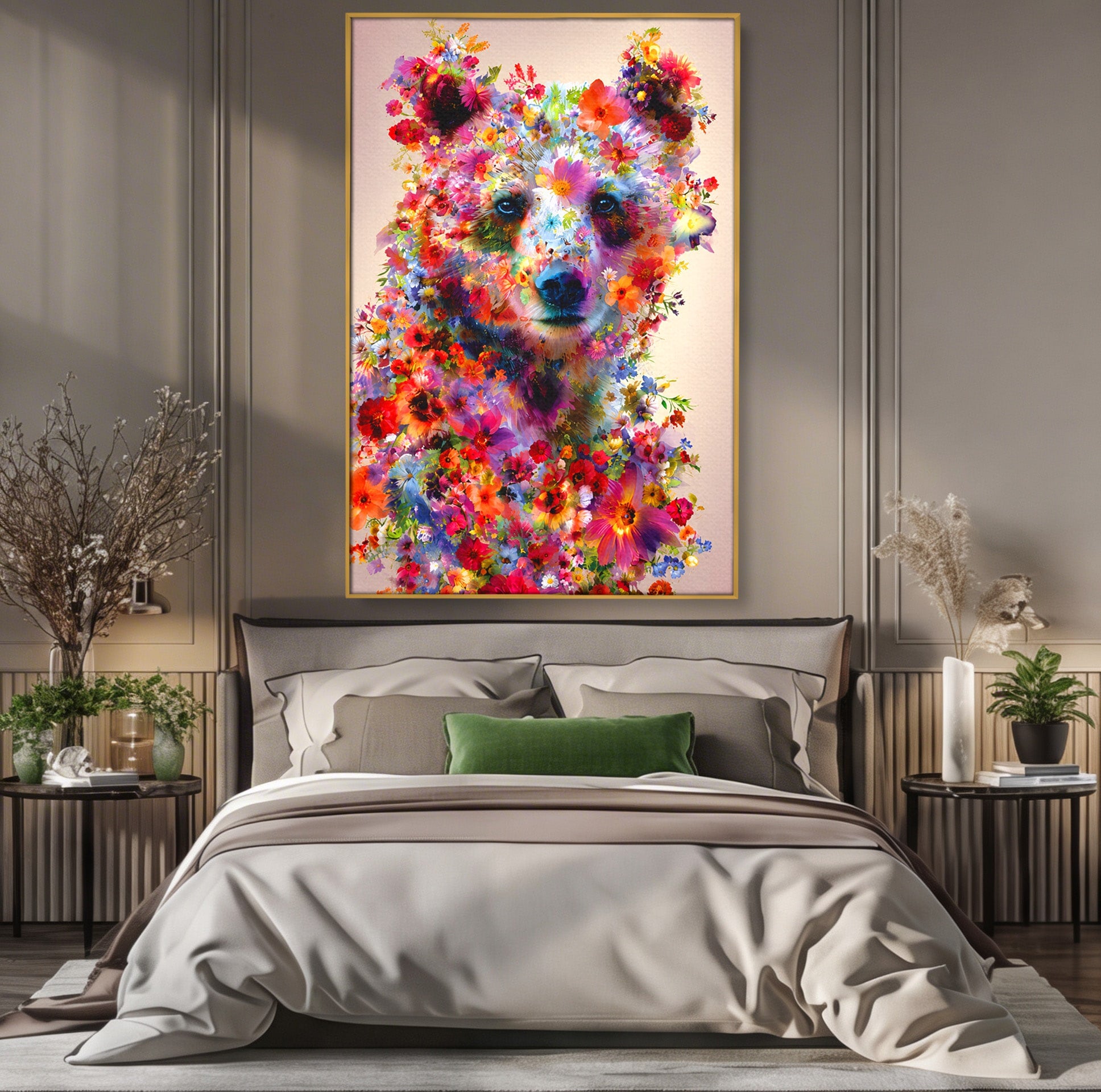 Tablou Canvas Premium LuxCanva® M1565, Ursul Floral, Urs, Flori, Natura, Arta, Living, Culori Vibrante
