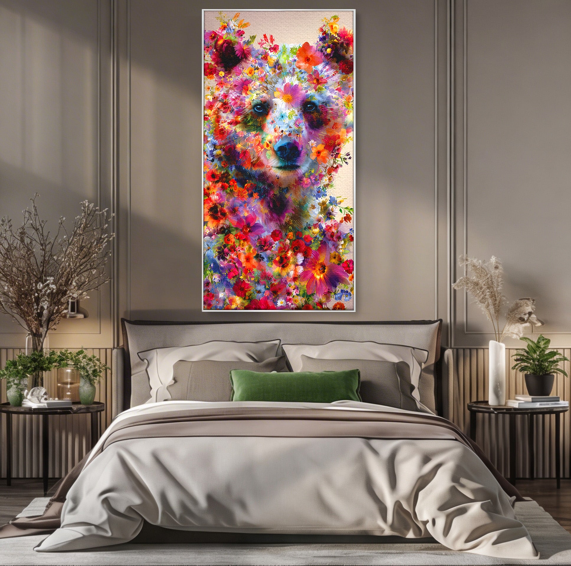 Tablou Canvas Premium LuxCanva® M1565, Ursul Floral, Urs, Flori, Natura, Arta, Living, Culori Vibrante