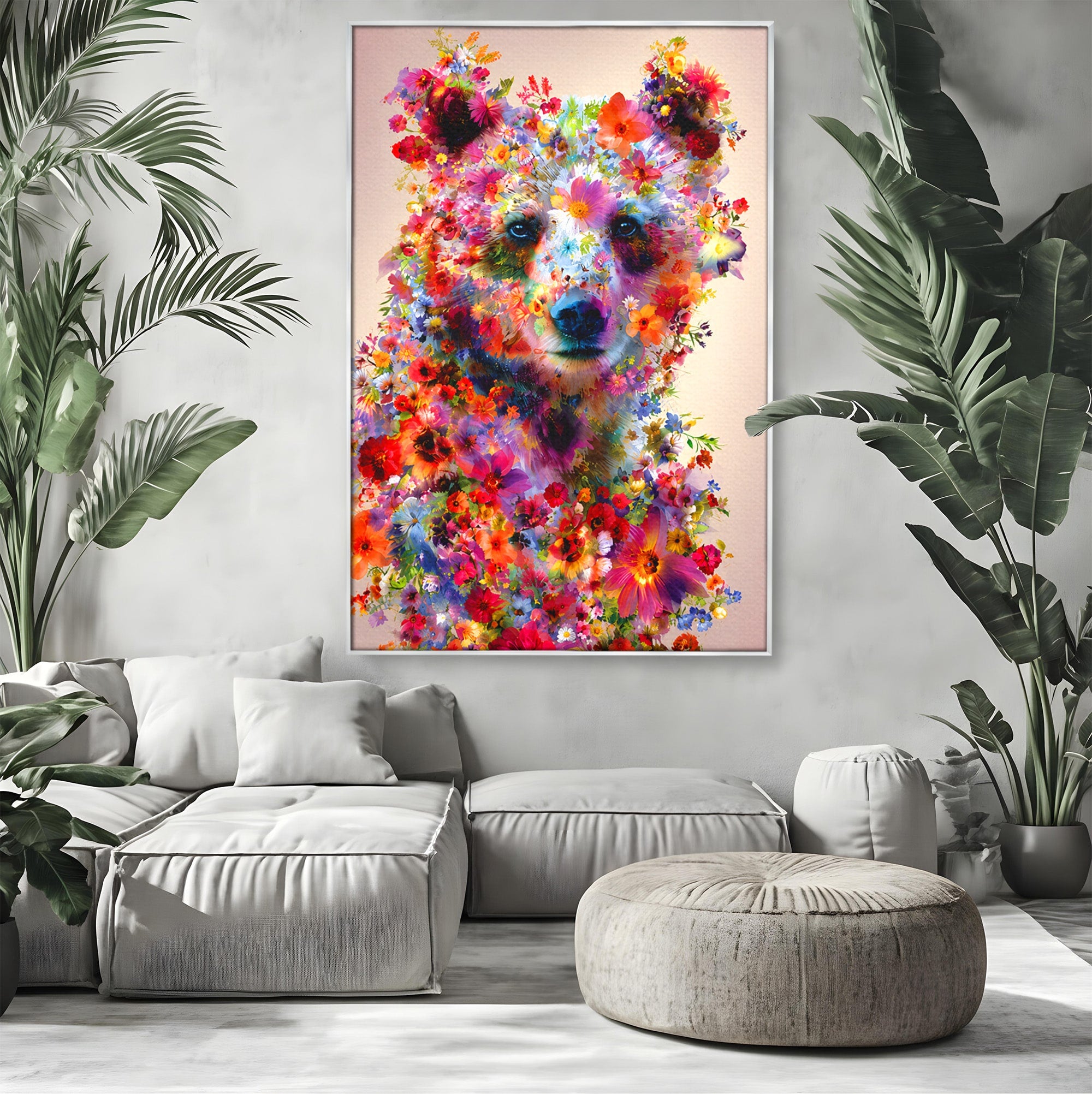 Tablou Canvas Premium LuxCanva® M1565, Ursul Floral, Urs, Flori, Natura, Arta, Living, Culori Vibrante