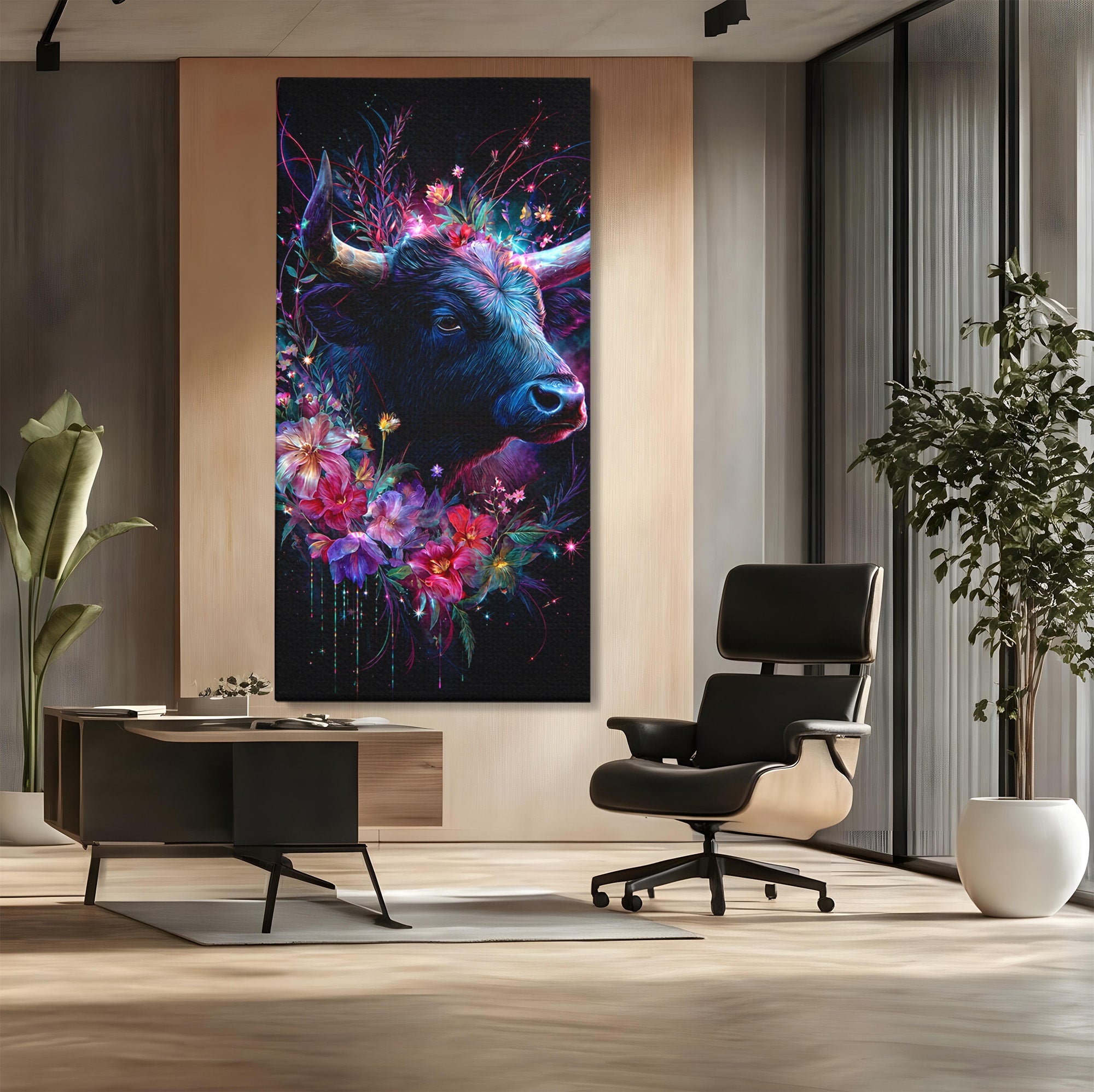 Tablou Canvas Premium LuxCanva® M1573, Forță și Mister, Taur, Flori, Natura, Arta, Living, Culori Vibrante
