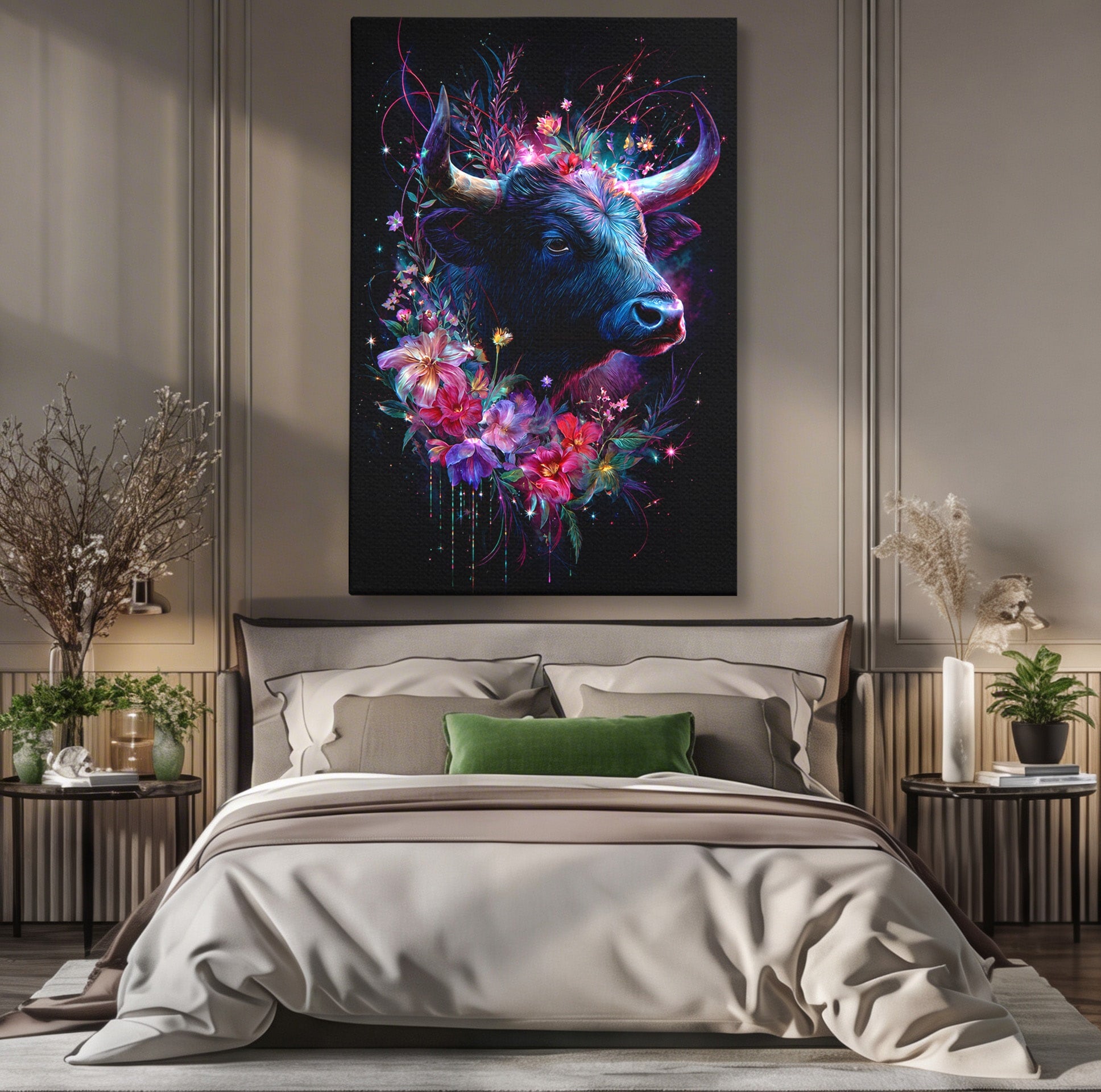 Tablou Canvas Premium LuxCanva® M1573, Forță și Mister, Taur, Flori, Natura, Arta, Living, Culori Vibrante