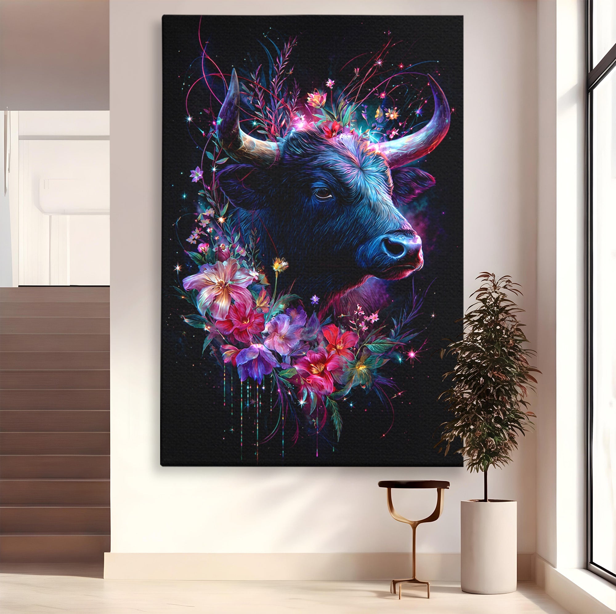 Tablou Canvas Premium LuxCanva® M1573, Forță și Mister, Taur, Flori, Natura, Arta, Living, Culori Vibrante