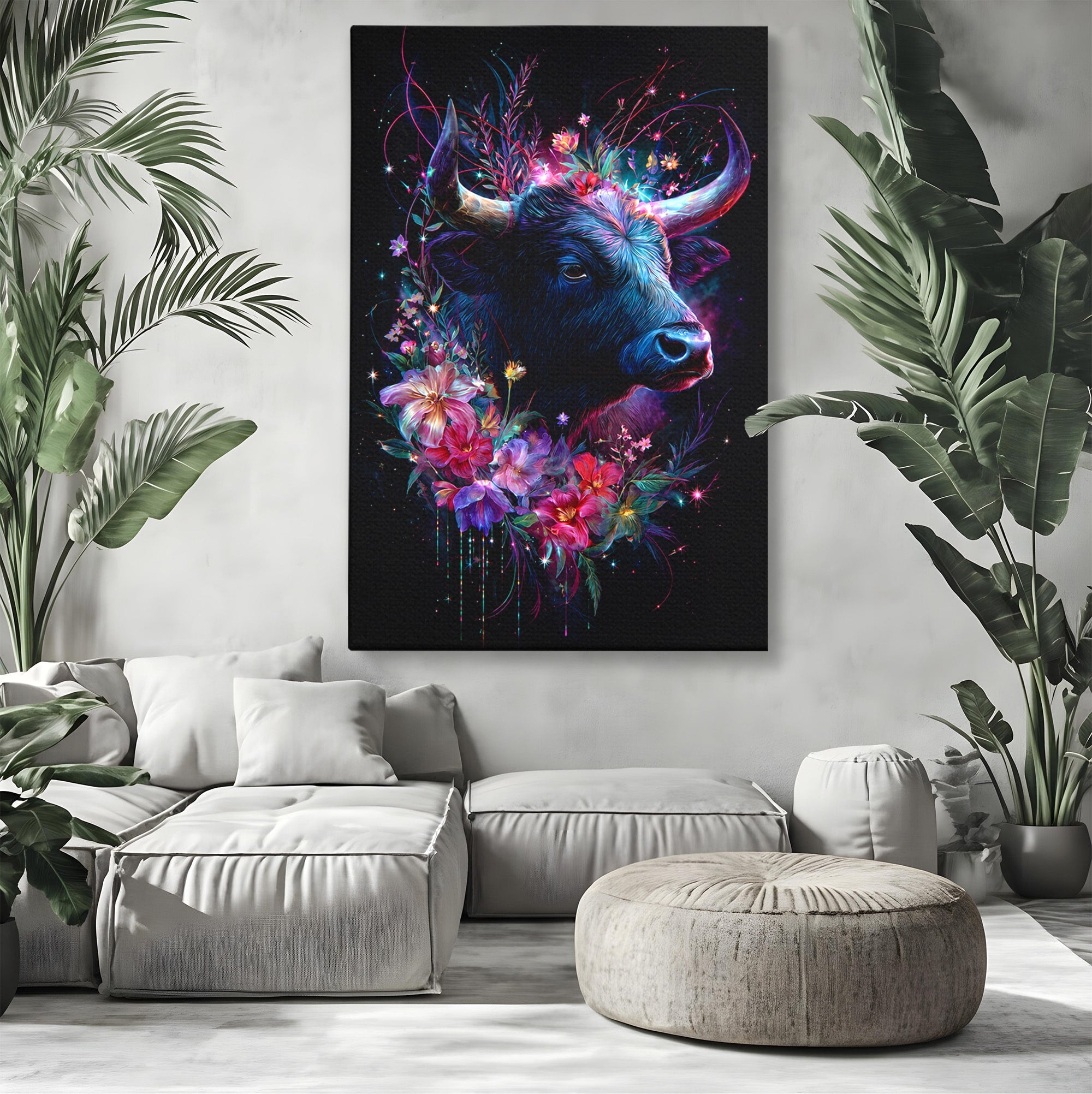 Tablou Canvas Premium LuxCanva® M1573, Forță și Mister, Taur, Flori, Natura, Arta, Living, Culori Vibrante