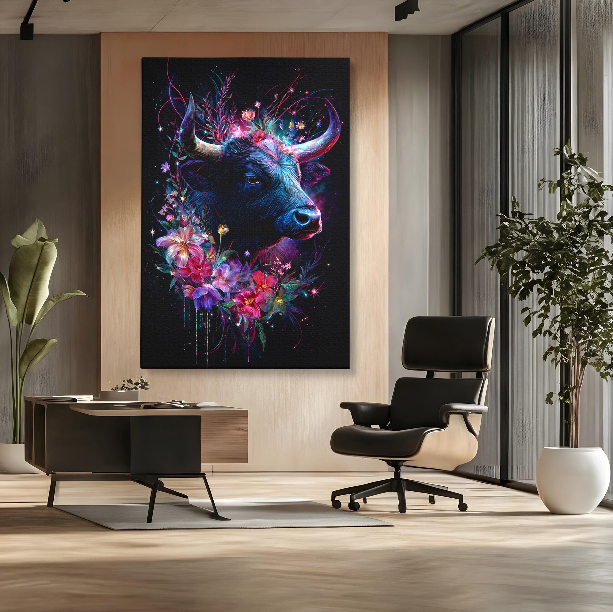 Tablou Canvas Premium LuxCanva® M1573, Forță și Mister, Taur, Flori, Natura, Arta, Living, Culori Vibrante